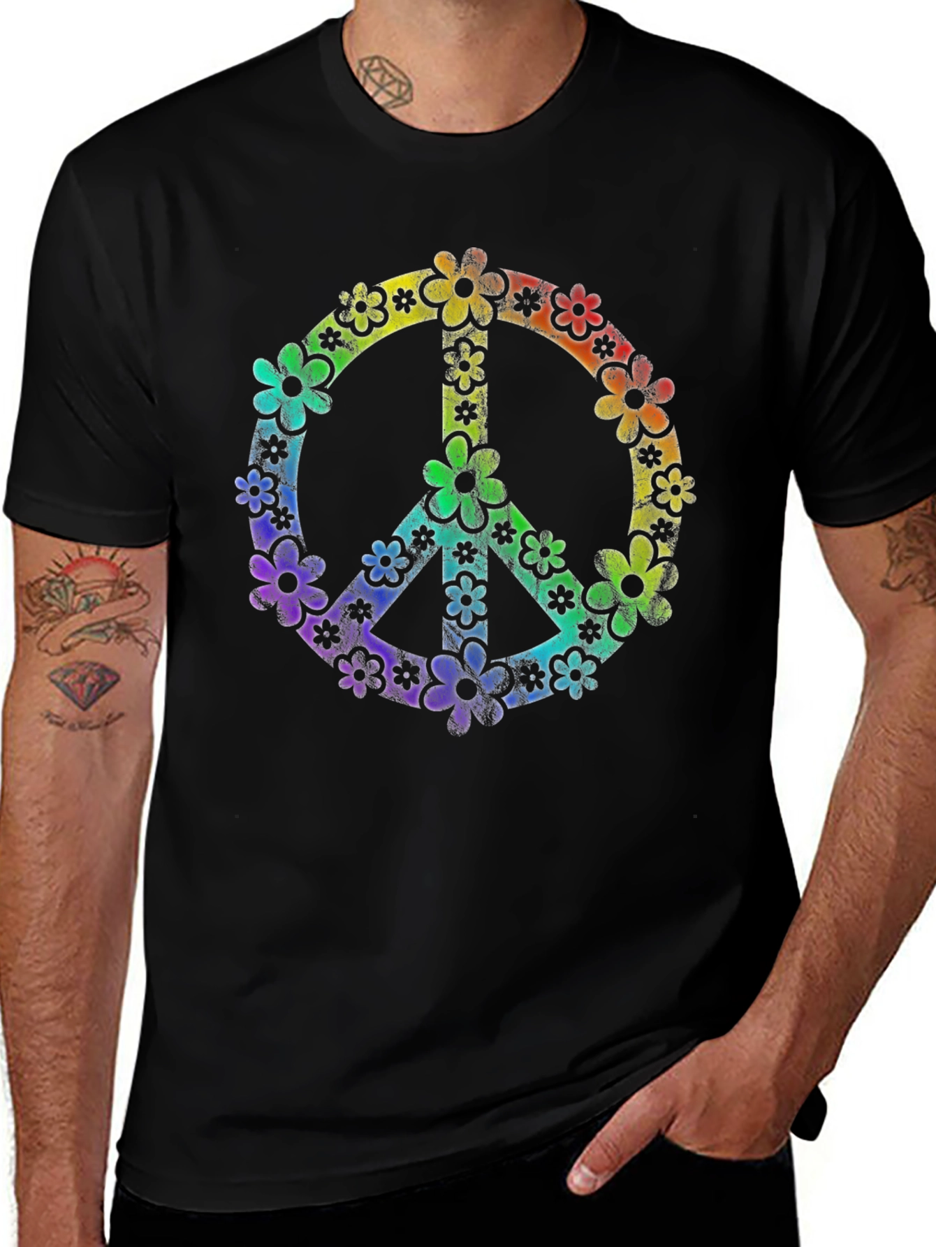 Retro Floral Peace Sign Black T-Shirt