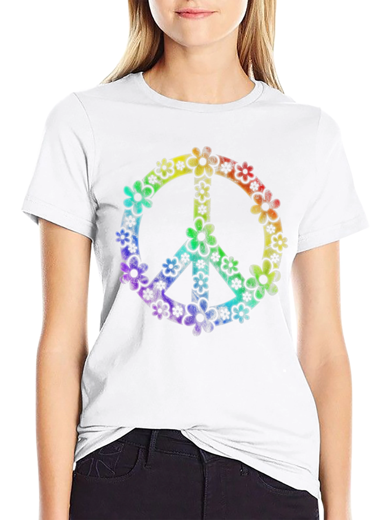 Retro Floral Peace Sign Black T-Shirt