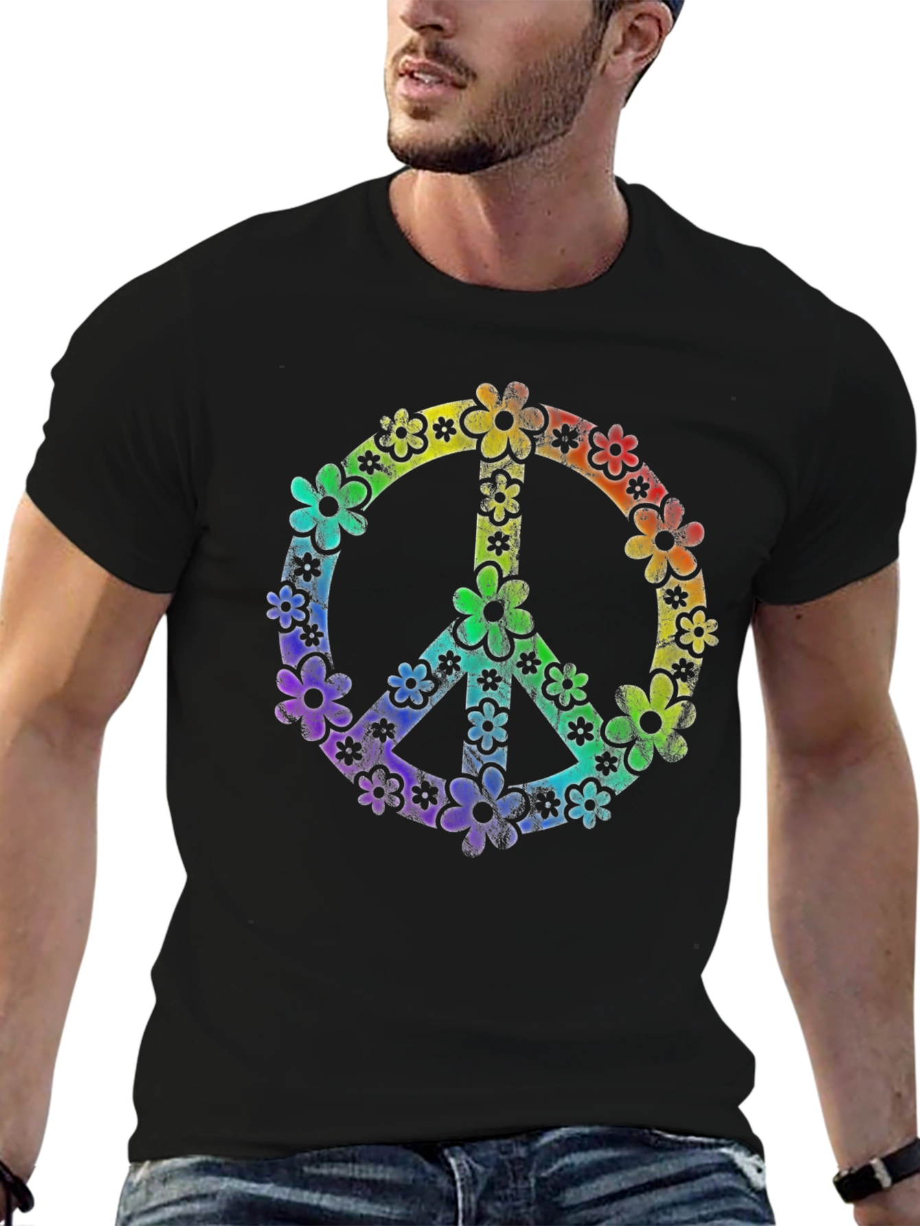 Retro Floral Peace Sign Black T-Shirt