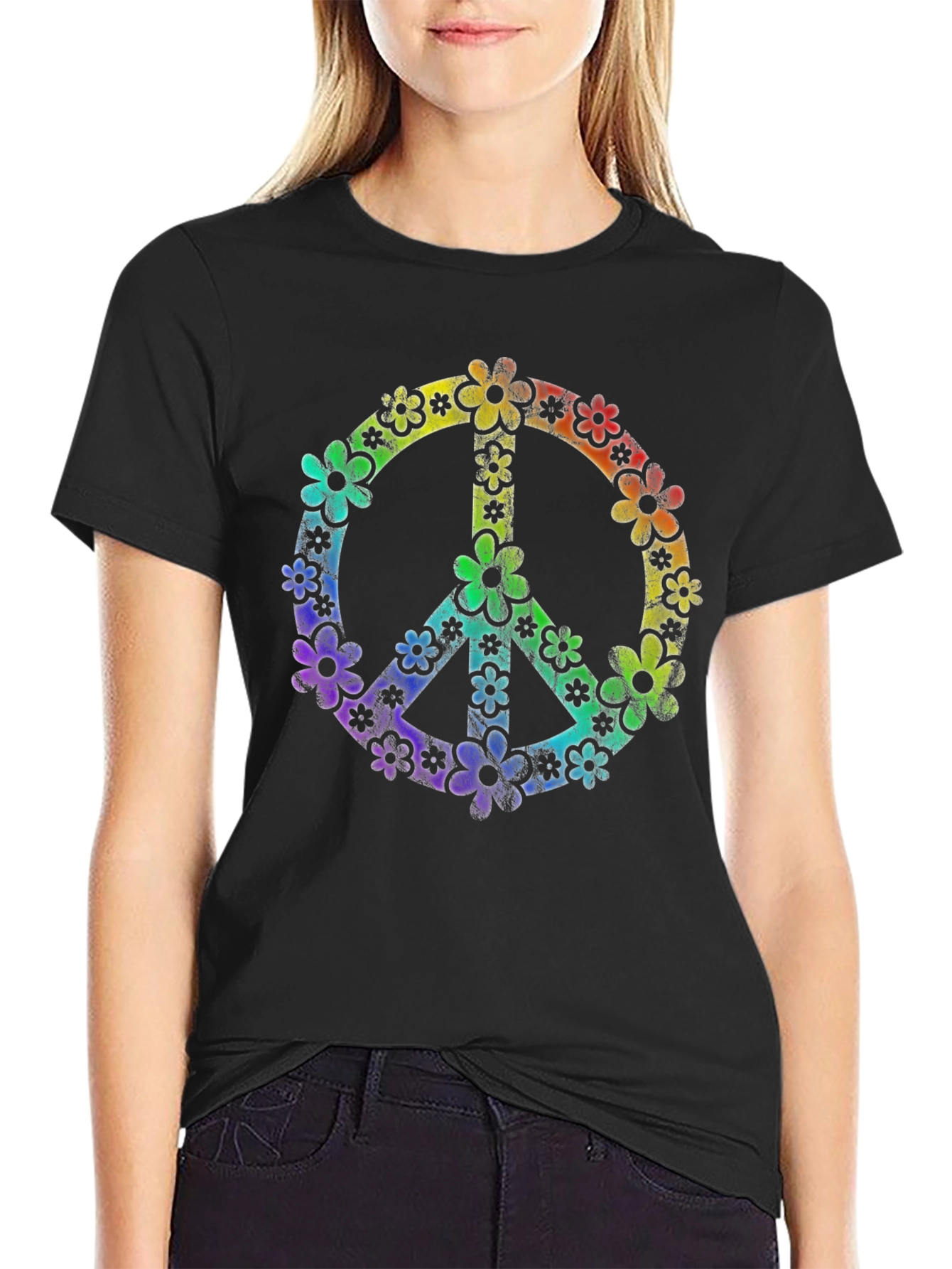 Retro Floral Peace Sign Black T-Shirt