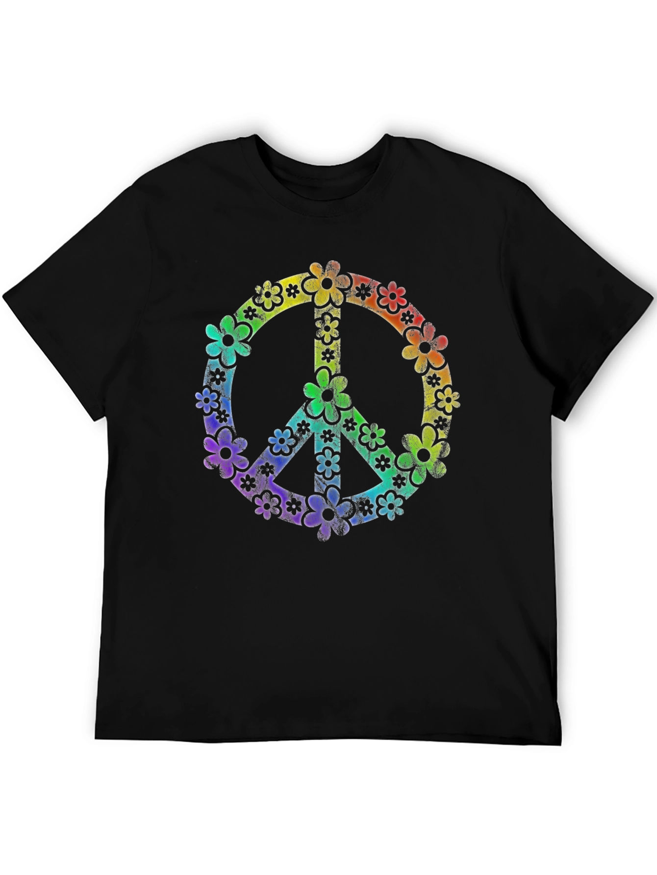 Retro Floral Peace Sign Black T-Shirt