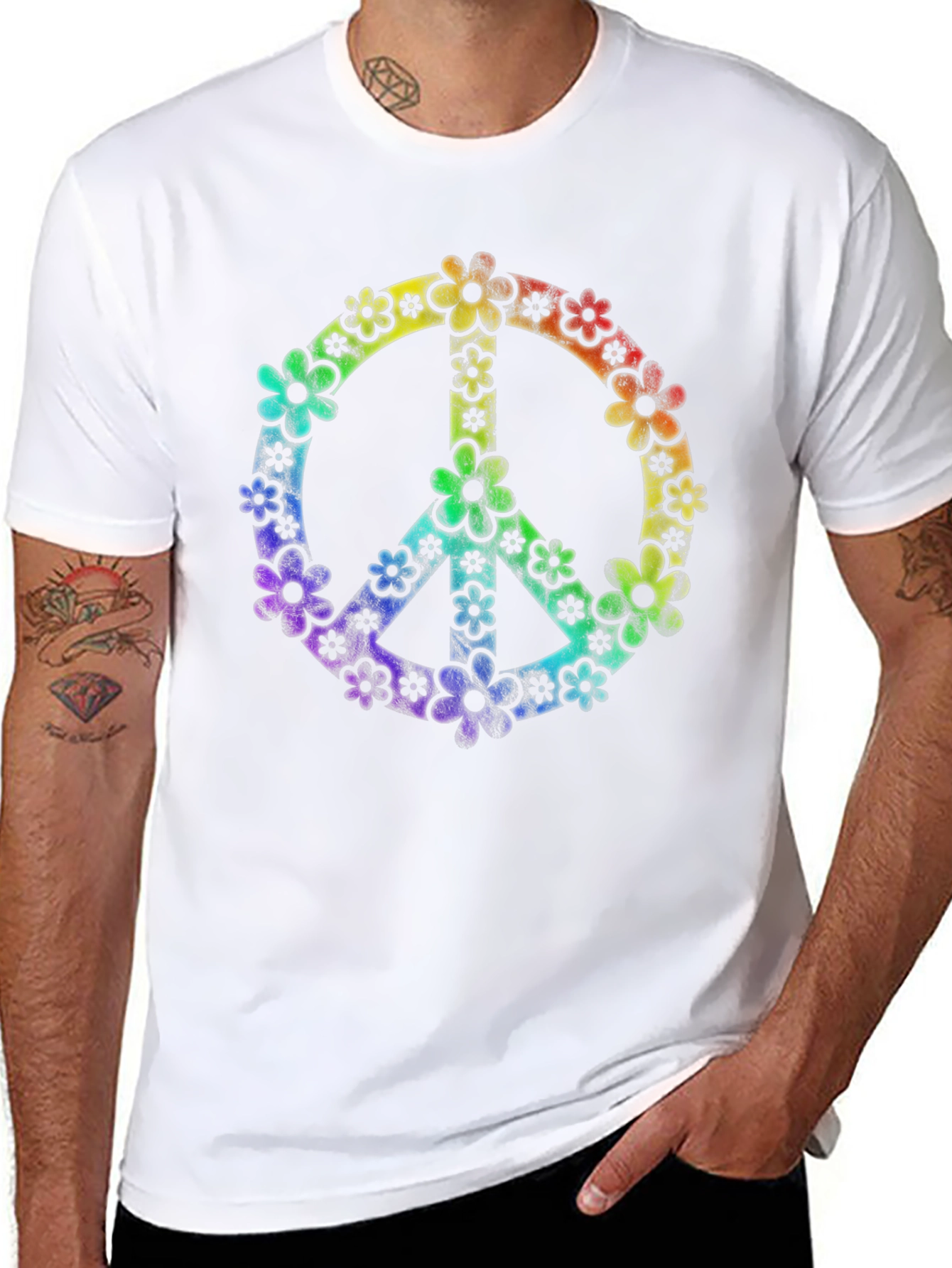 Retro Floral Peace Sign Black T-Shirt