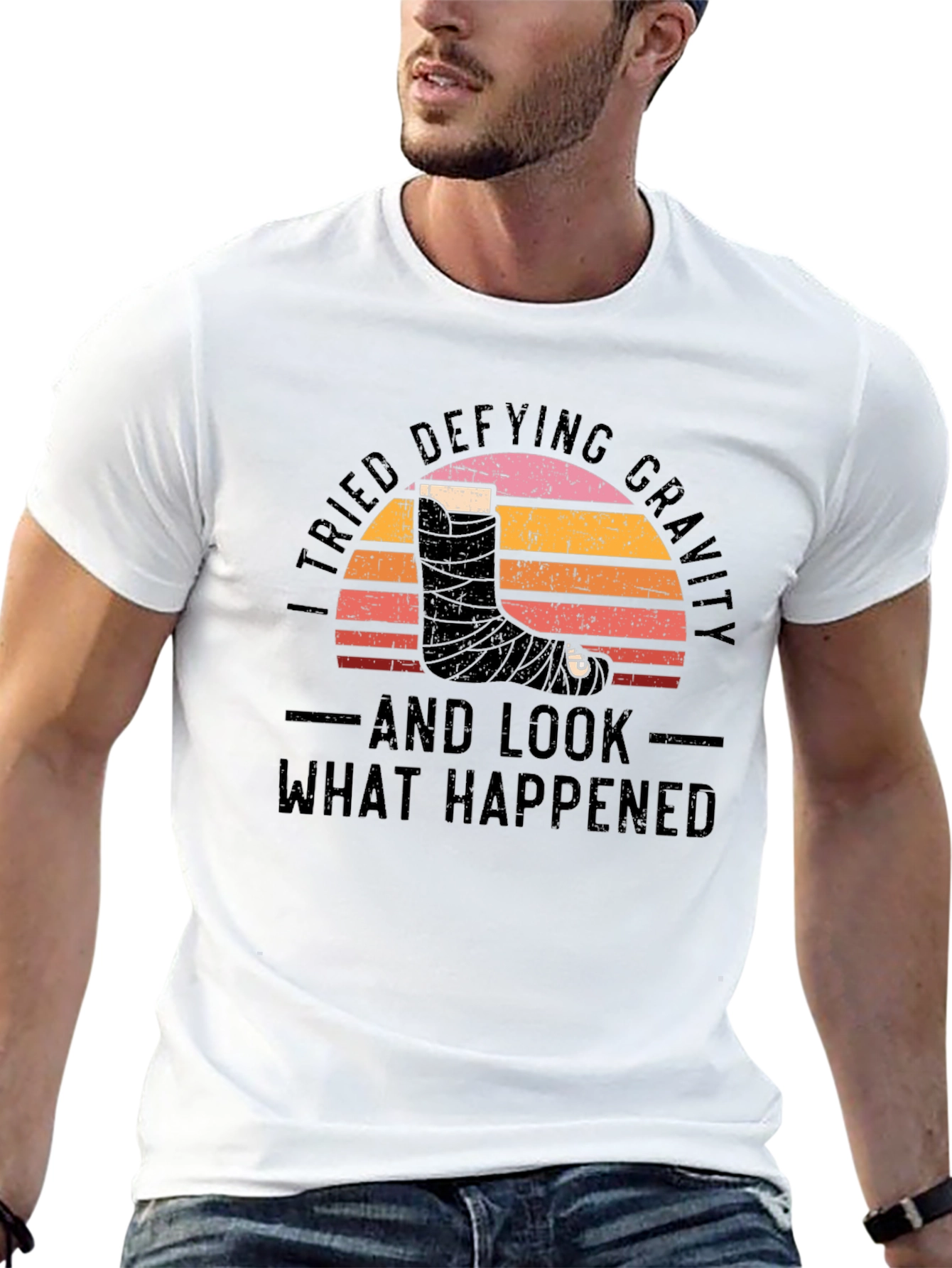 Defying Gravity Graphic Tee - Broken Leg Humor