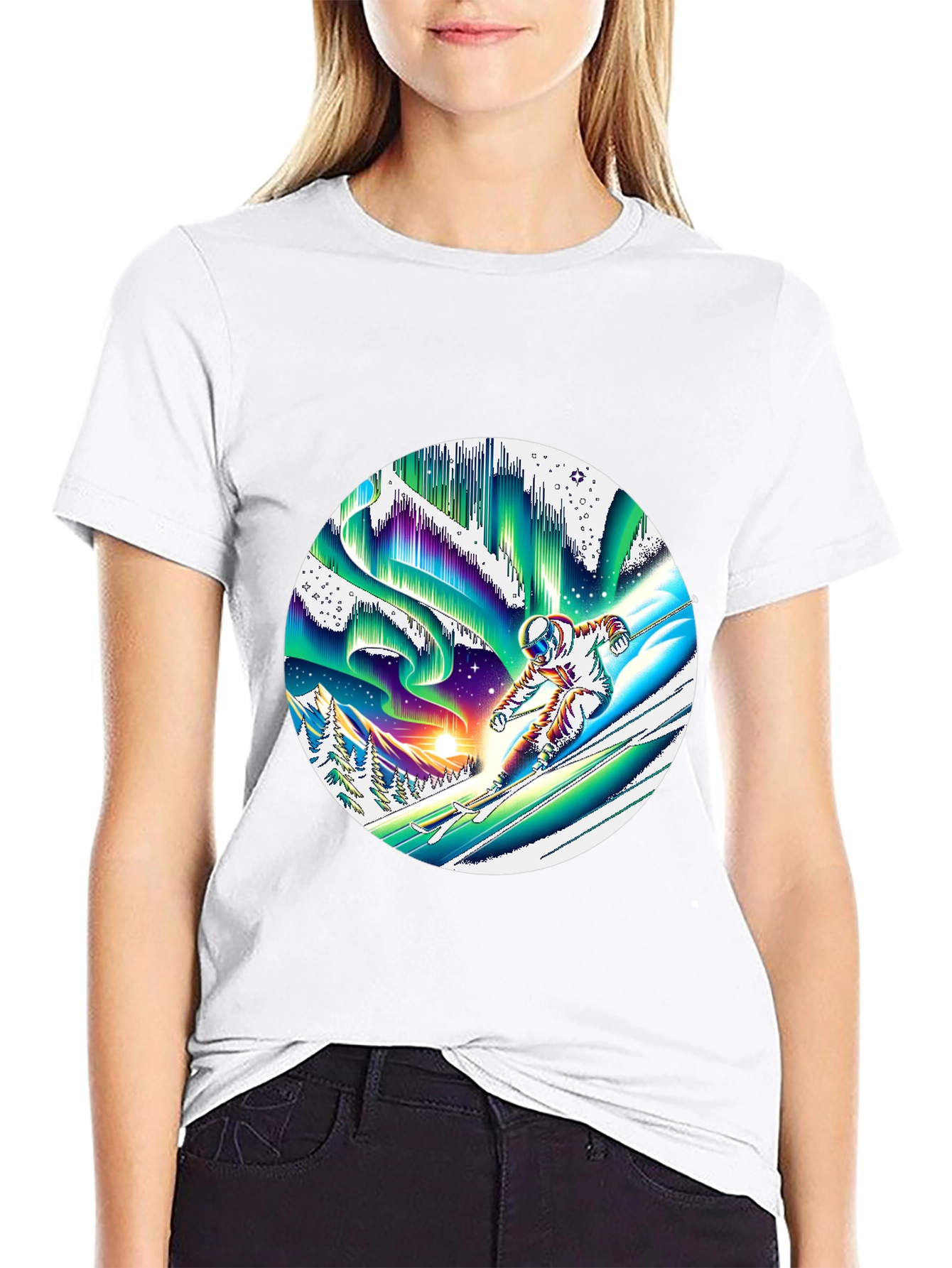 Astronaut Skiing T-Shirt Northern Lights Graphic Tee