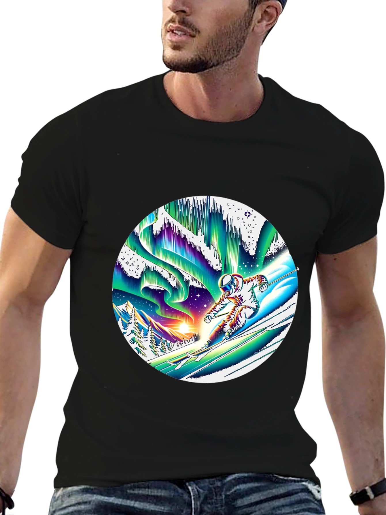 Astronaut Skiing T-Shirt Northern Lights Graphic Tee