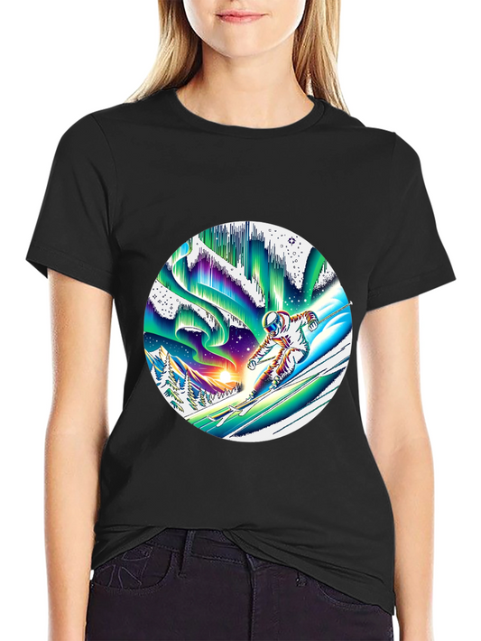 Astronaut Skiing T-Shirt Northern Lights Graphic Tee