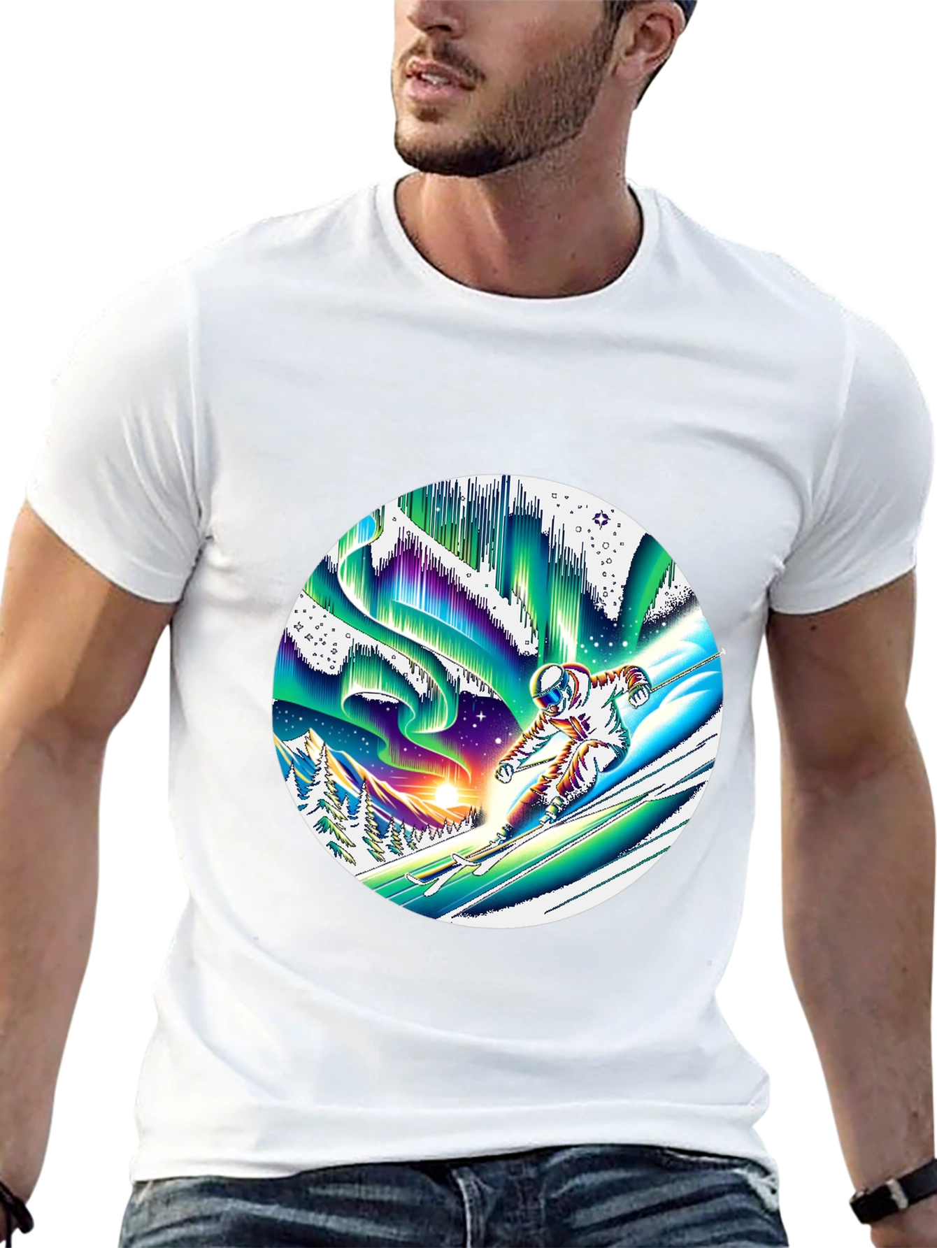 Astronaut Skiing T-Shirt Northern Lights Graphic Tee