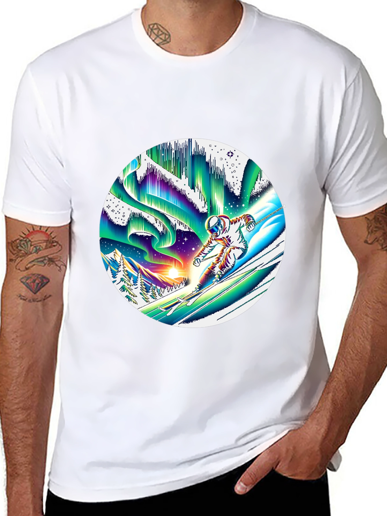 Astronaut Skiing T-Shirt Northern Lights Graphic Tee