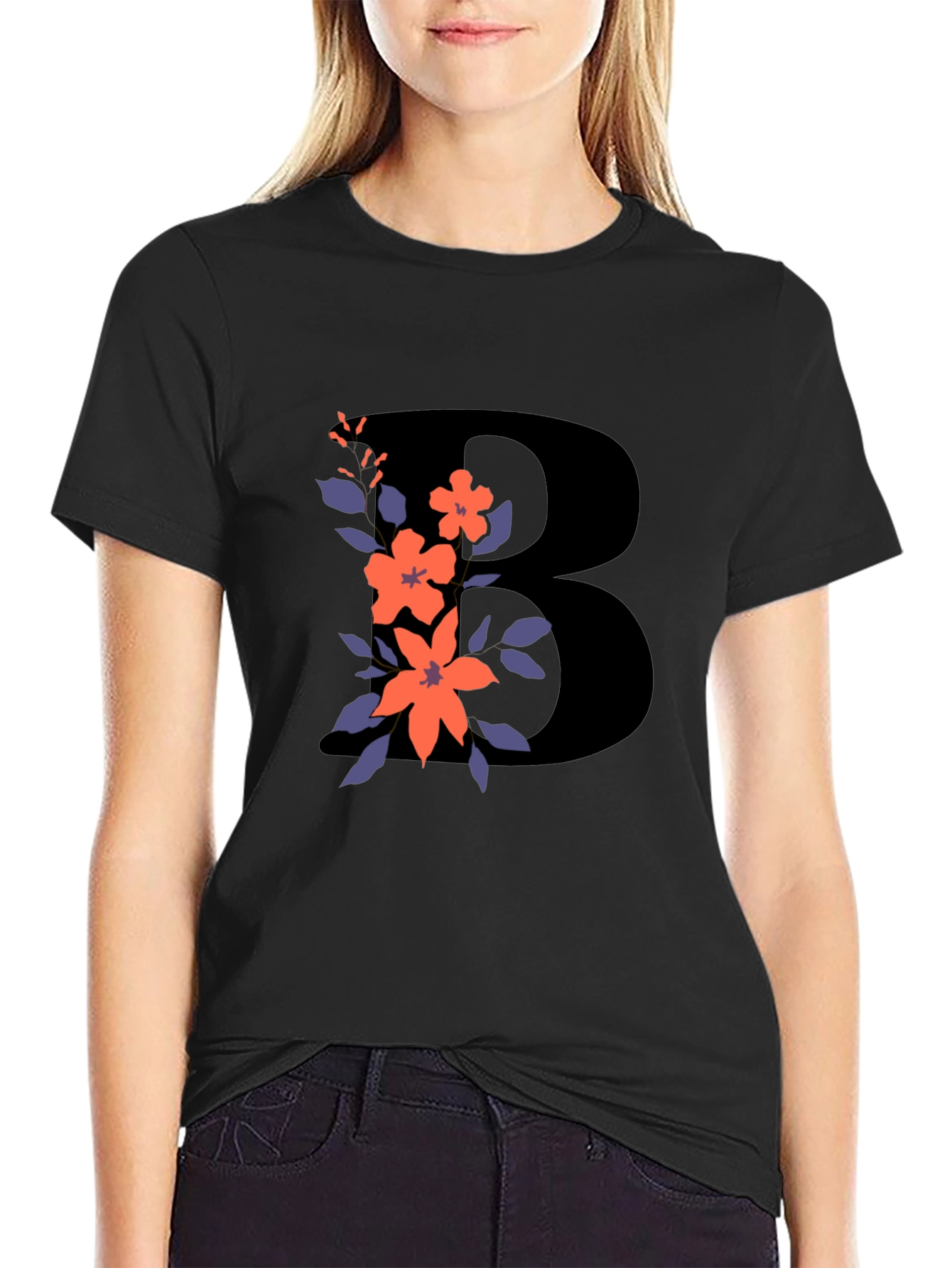 Floral Initial B Black T-Shirt