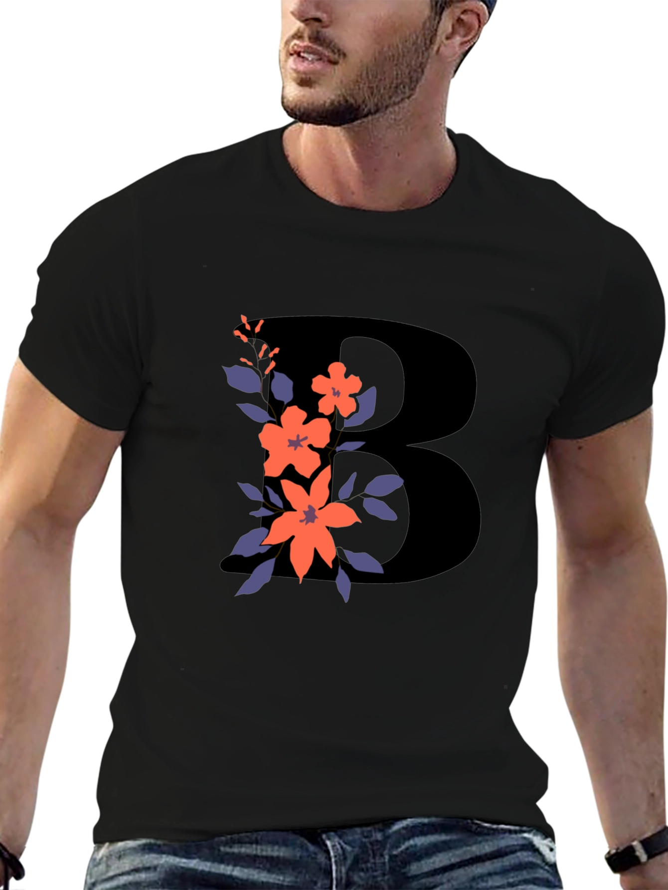 Floral Initial B Black T-Shirt