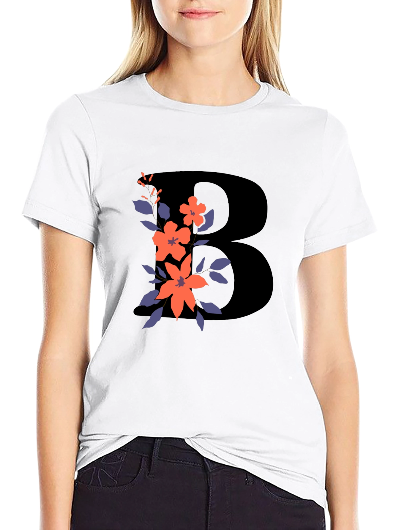 Floral Initial B Black T-Shirt