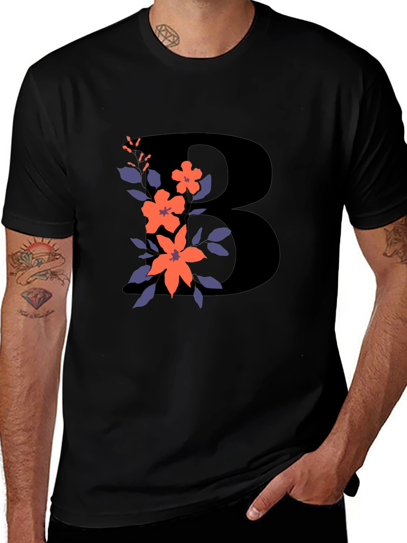 Floral Initial B Black T-Shirt