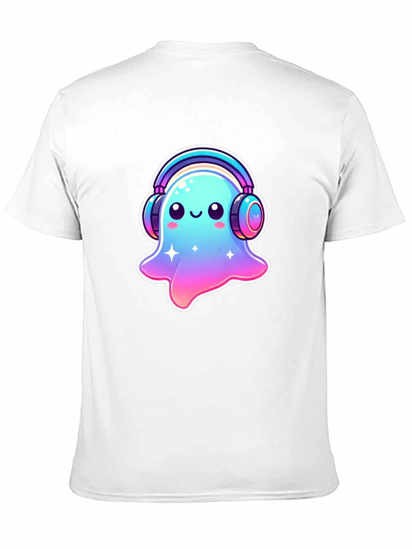 Cute Ghost with Headphones Black T-Shirt