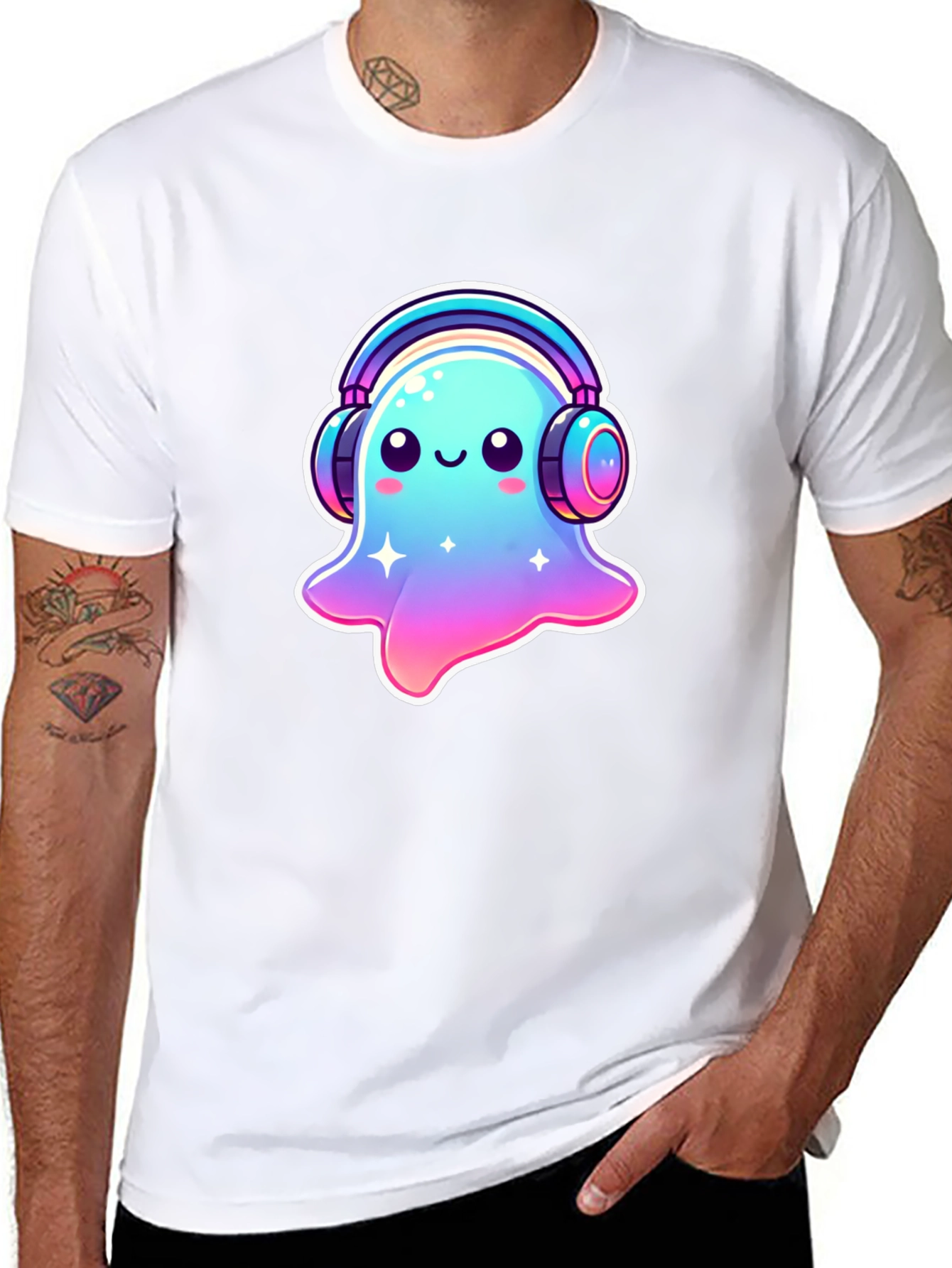Cute Ghost with Headphones Black T-Shirt