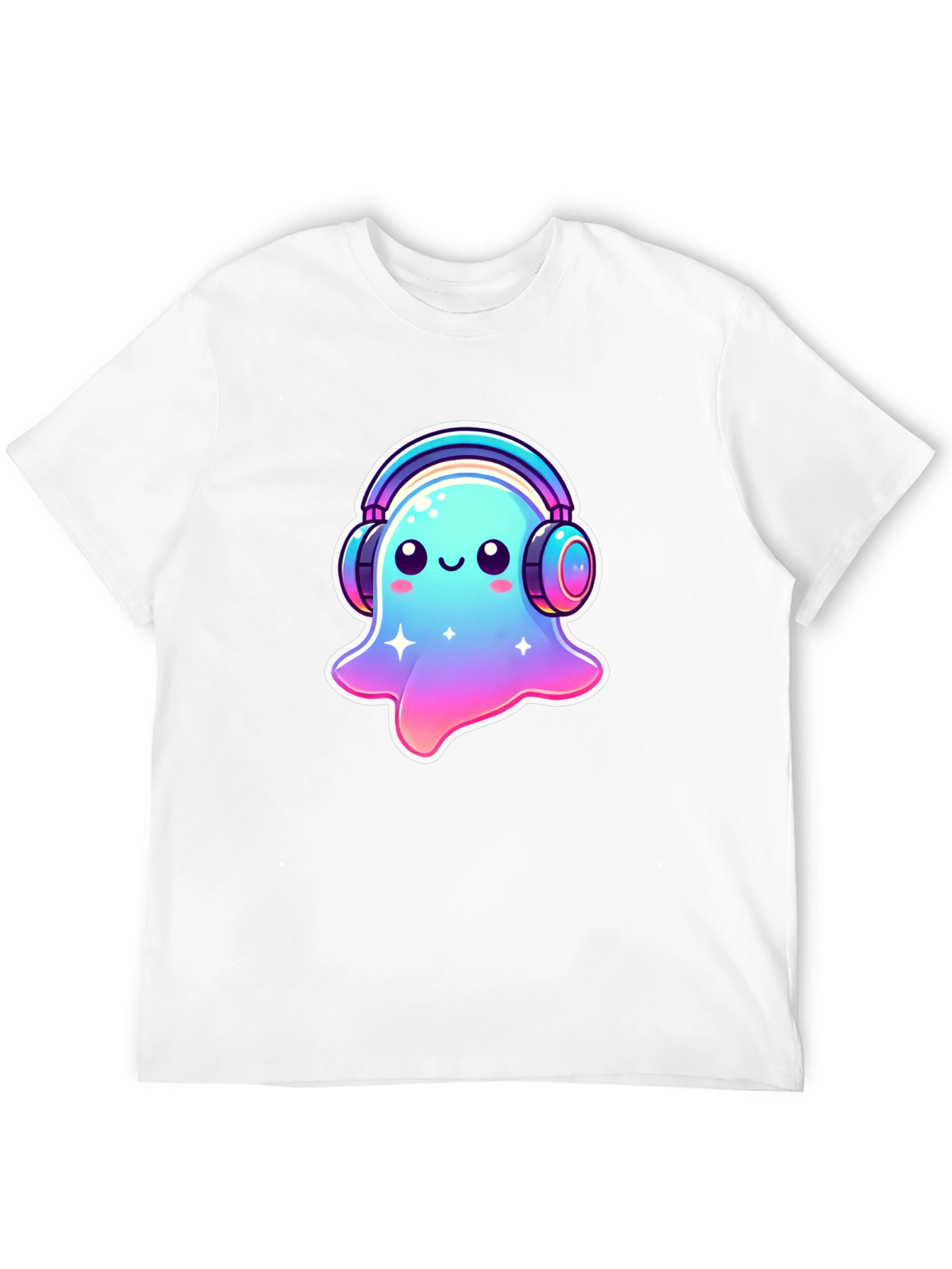 Cute Ghost with Headphones Black T-Shirt