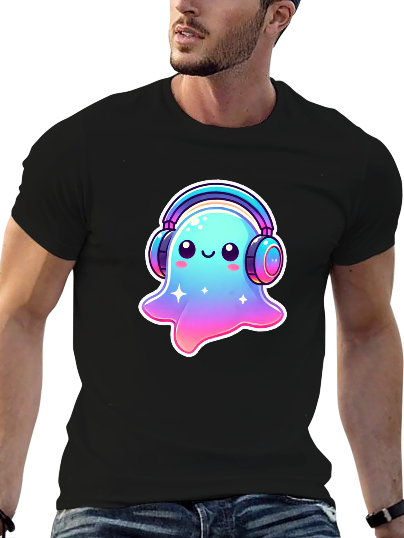 Cute Ghost with Headphones Black T-Shirt