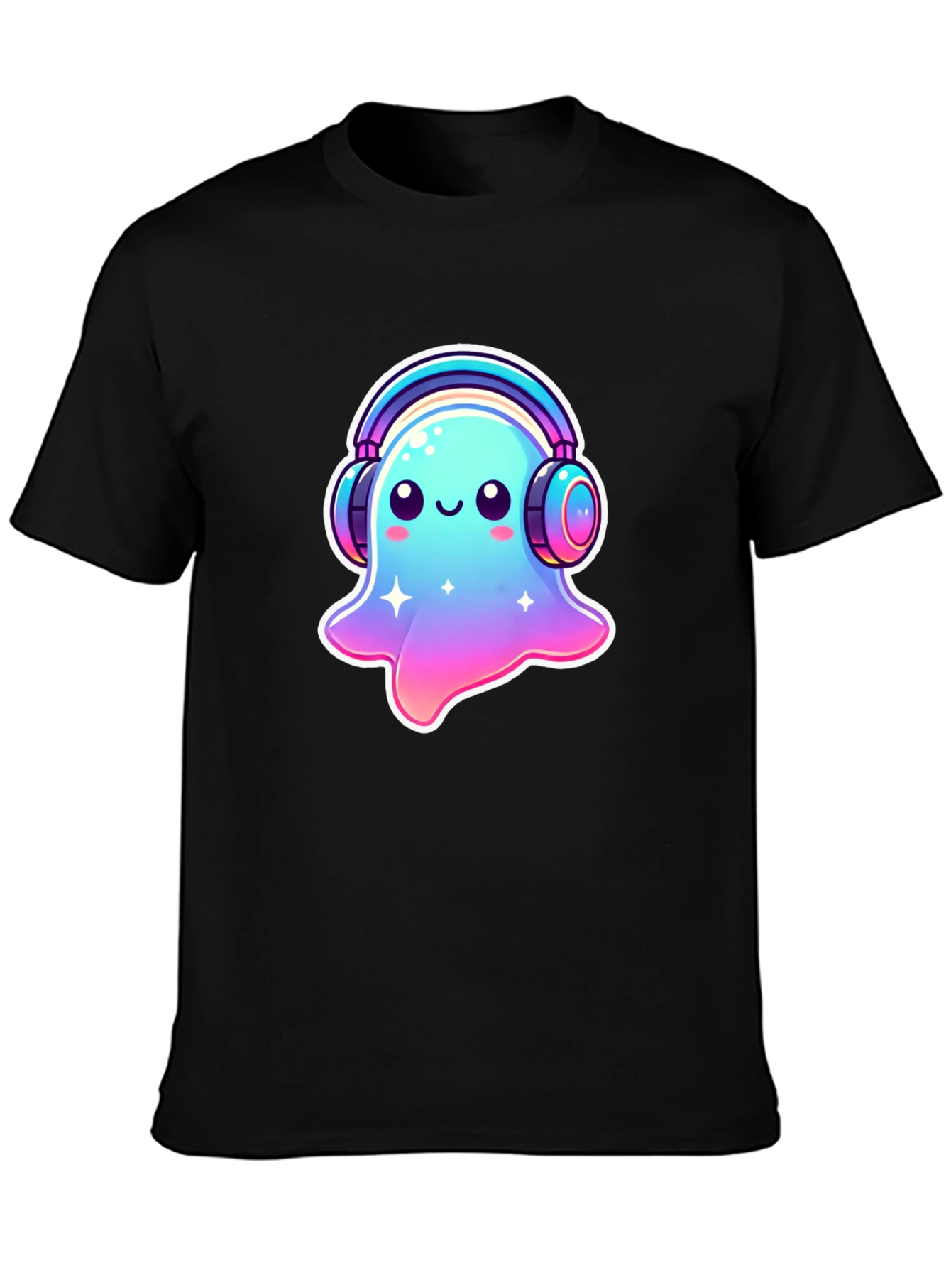 Cute Ghost with Headphones Black T-Shirt