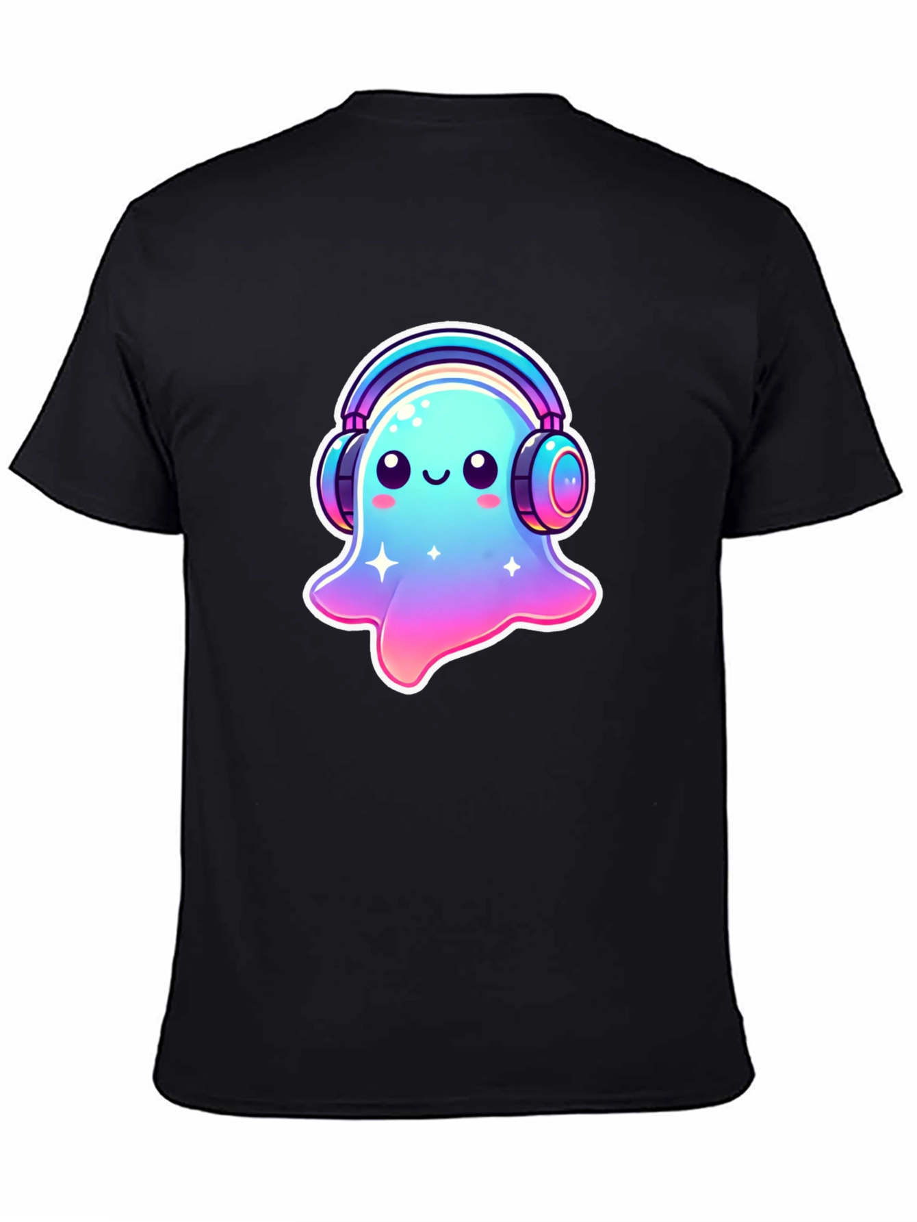 Cute Ghost with Headphones Black T-Shirt