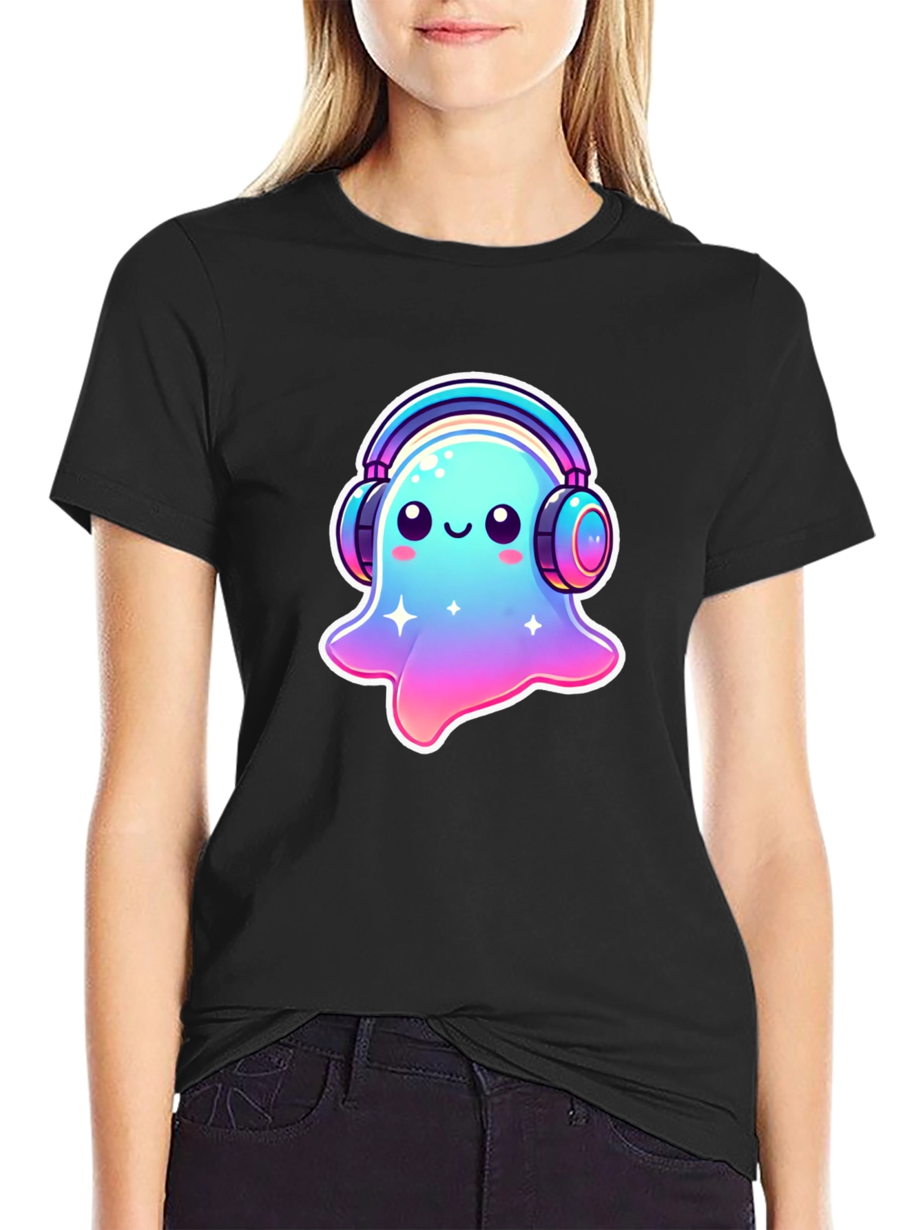 Cute Ghost with Headphones Black T-Shirt