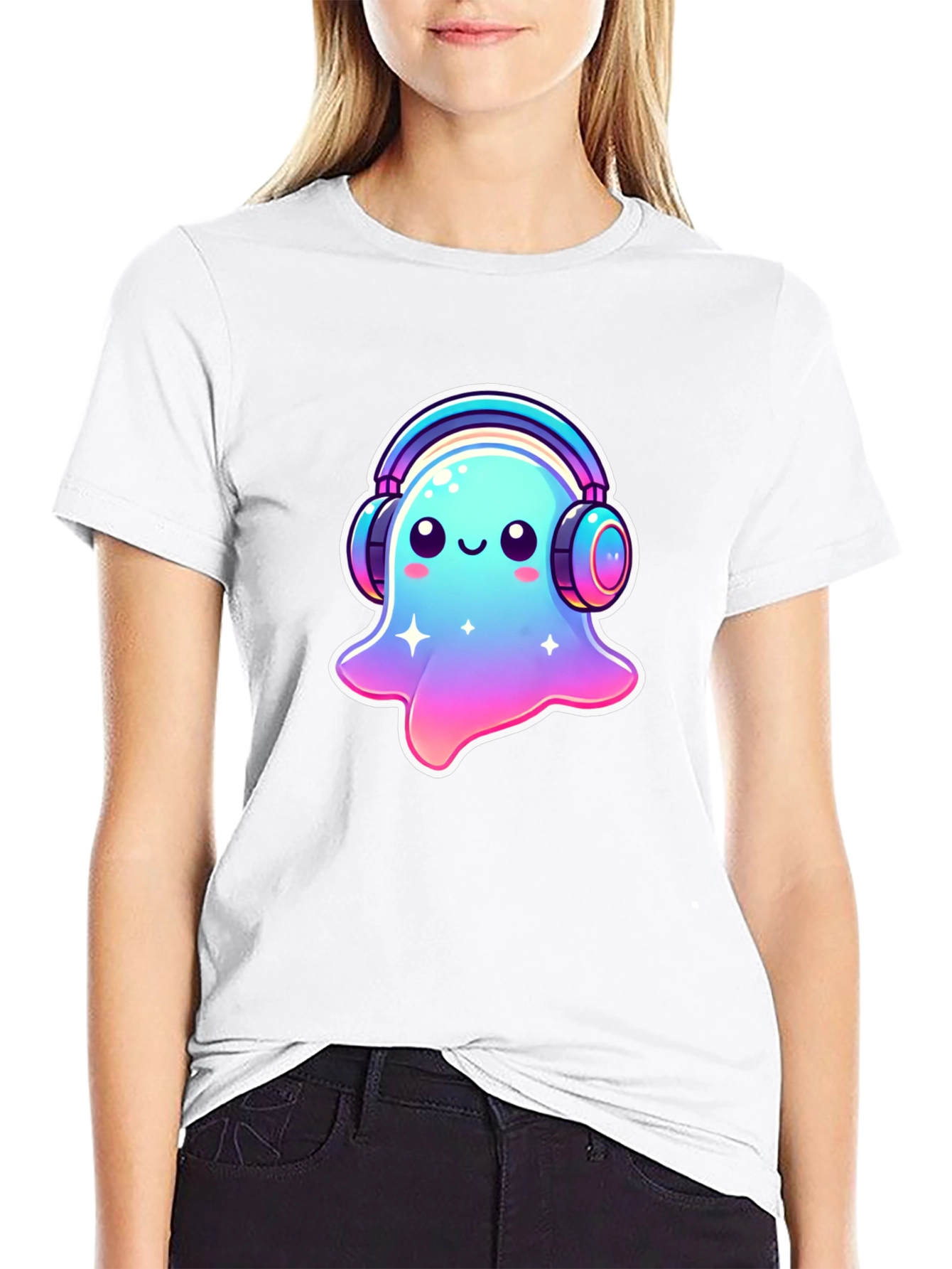Cute Ghost with Headphones Black T-Shirt