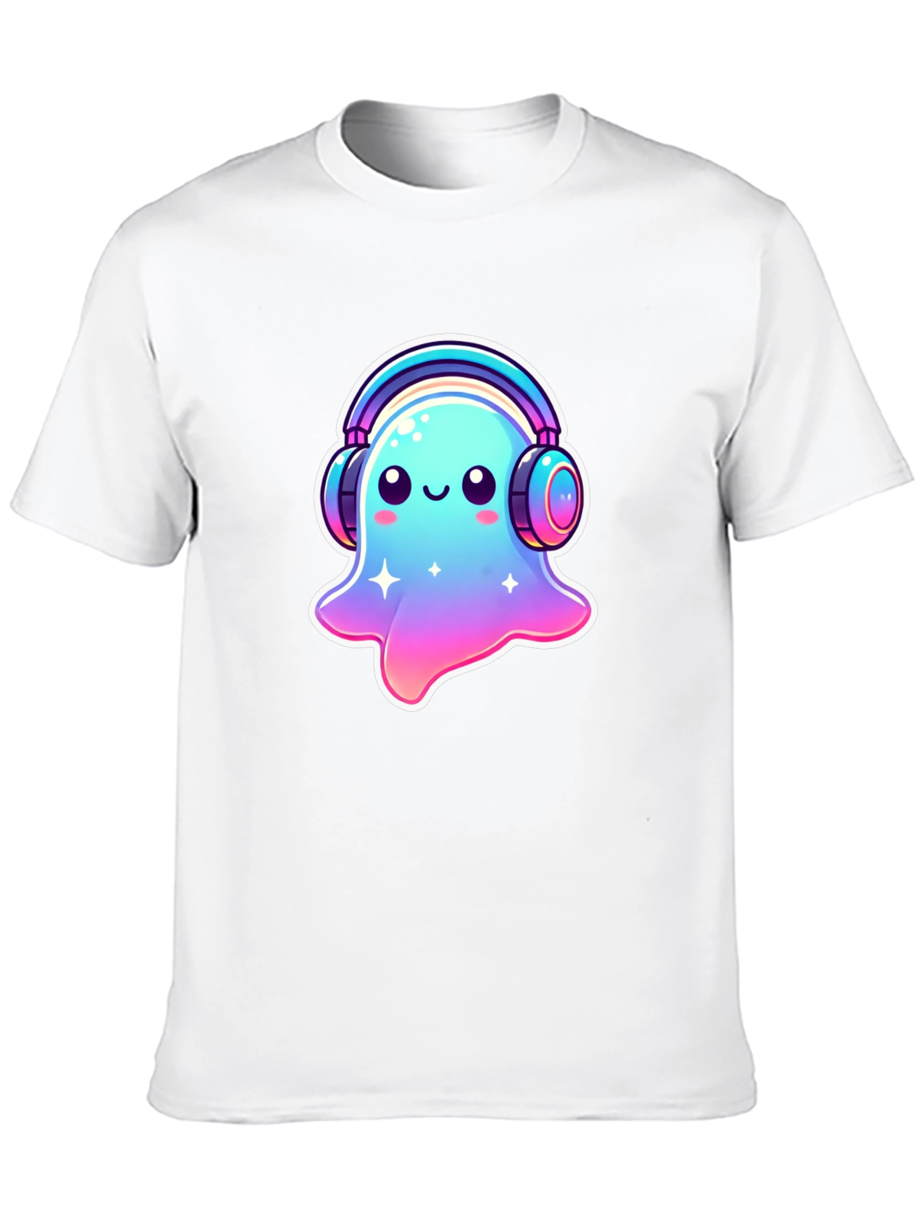 Cute Ghost with Headphones Black T-Shirt