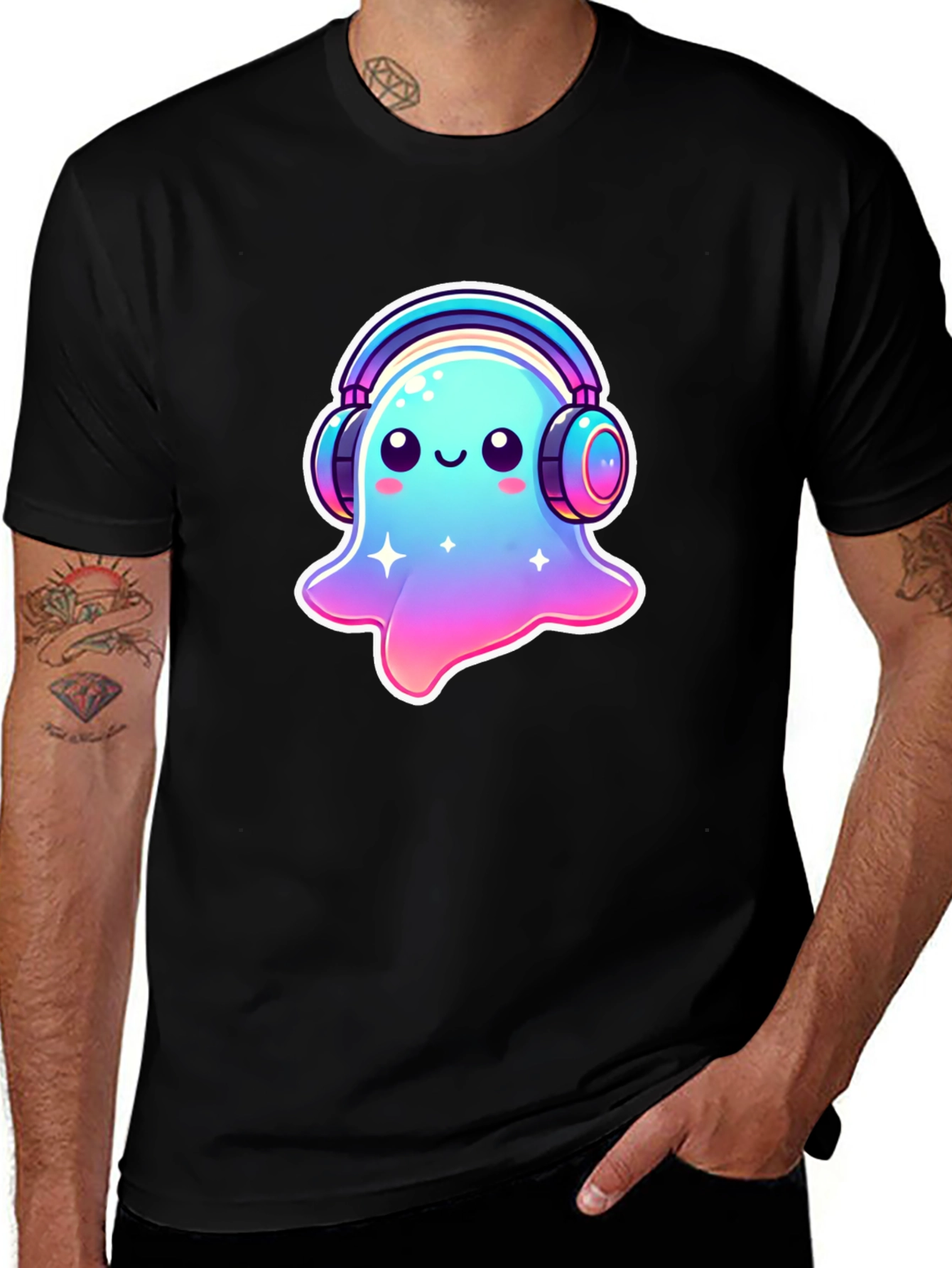 Cute Ghost with Headphones Black T-Shirt