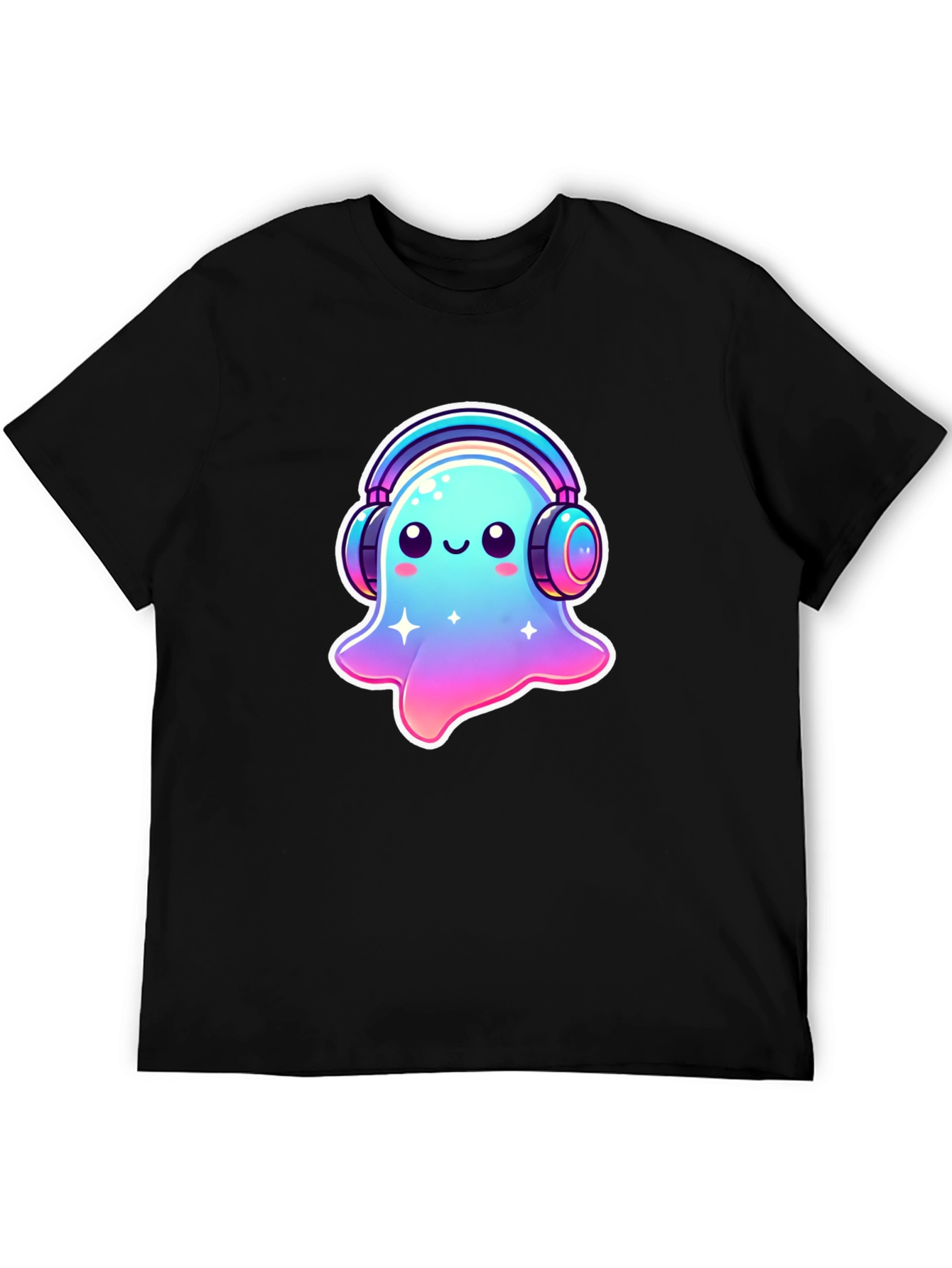 Cute Ghost with Headphones Black T-Shirt