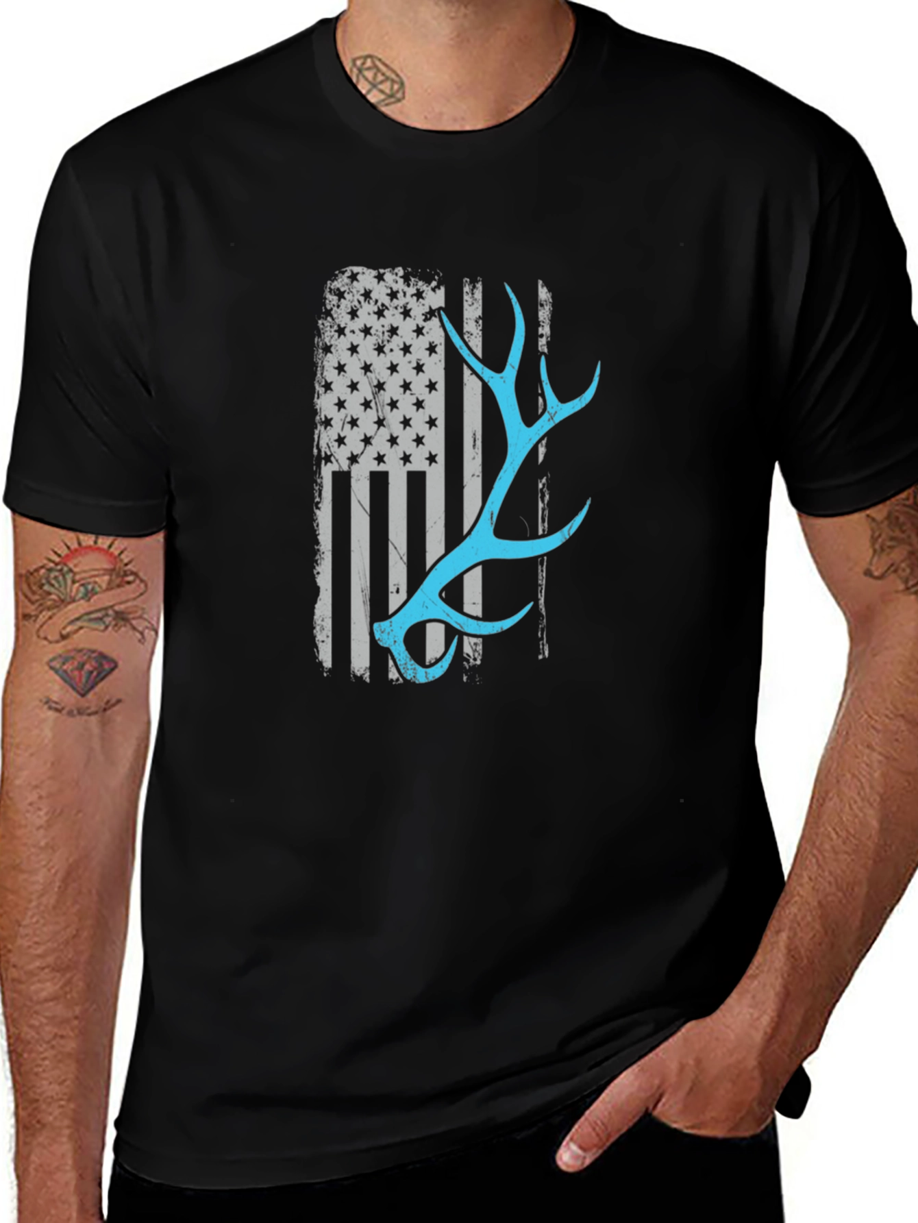 Deer Antler American Flag Black T-Shirt