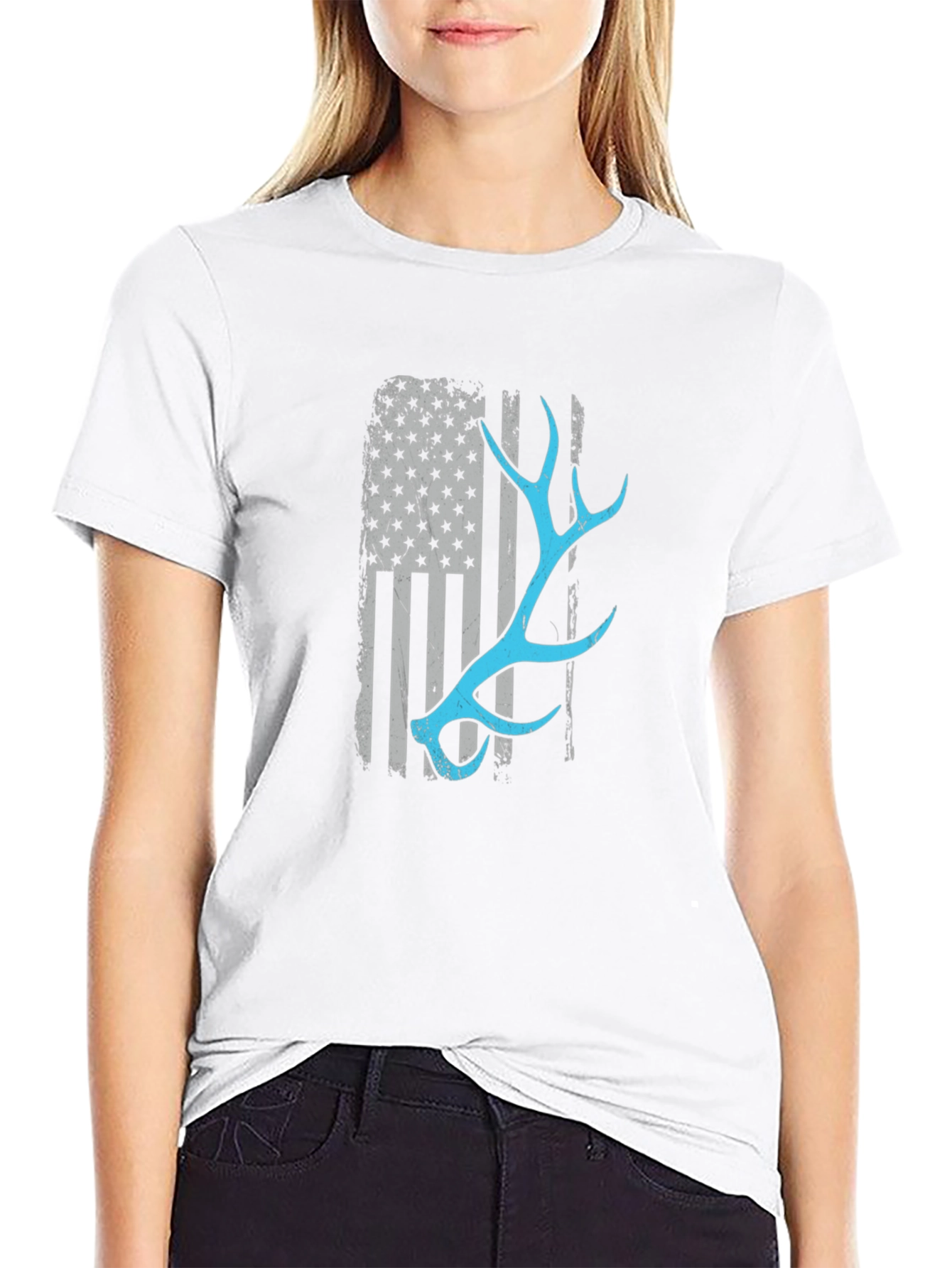 Deer Antler American Flag Black T-Shirt