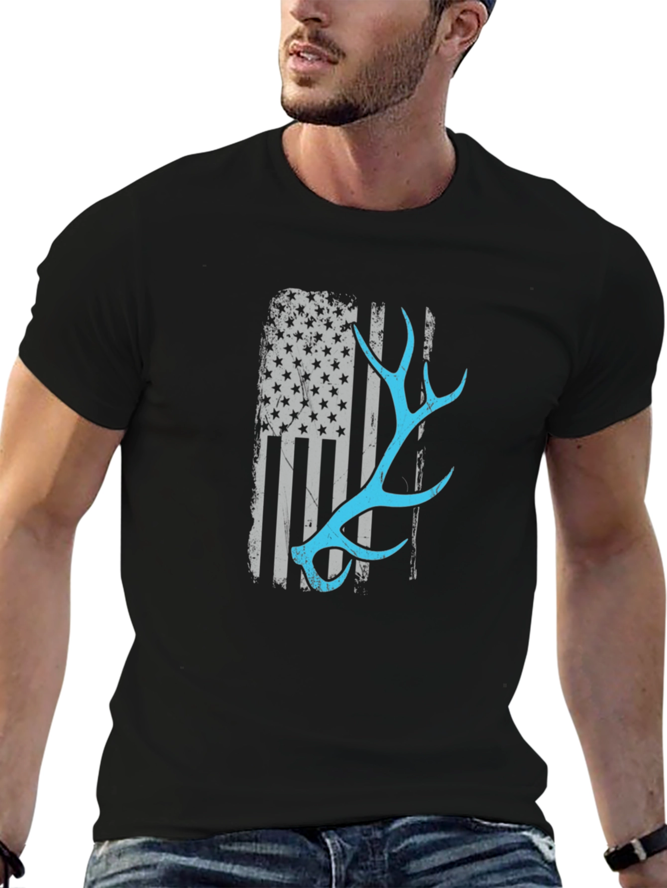 Deer Antler American Flag Black T-Shirt