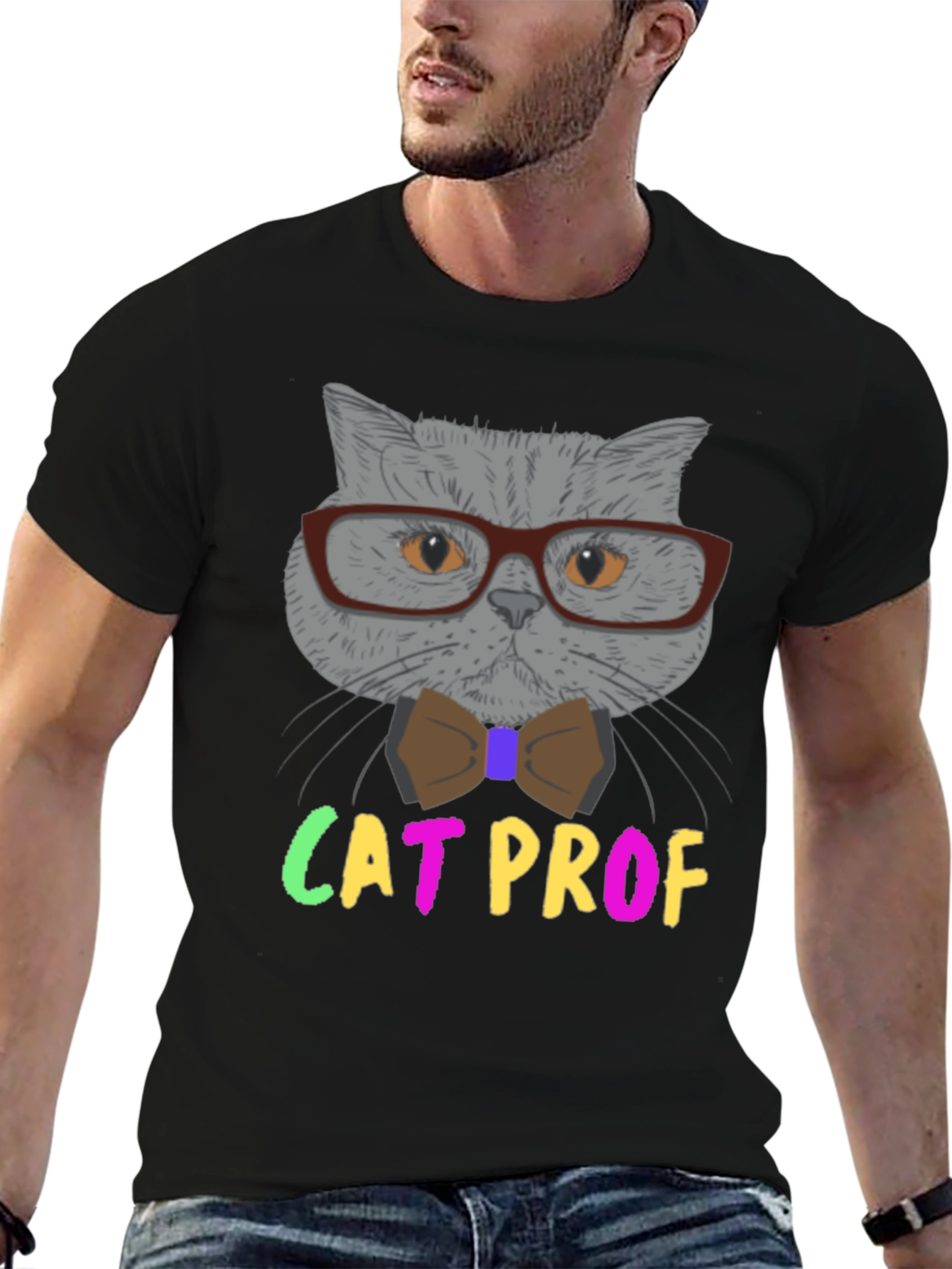 Cat Professor T-Shirt: Grey Cat with Glasses