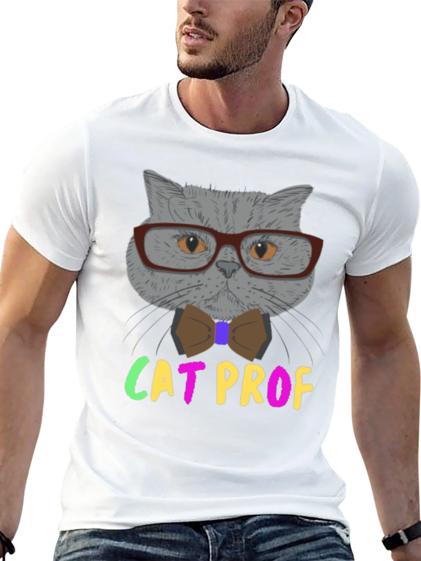 Cat Professor T-Shirt: Grey Cat with Glasses