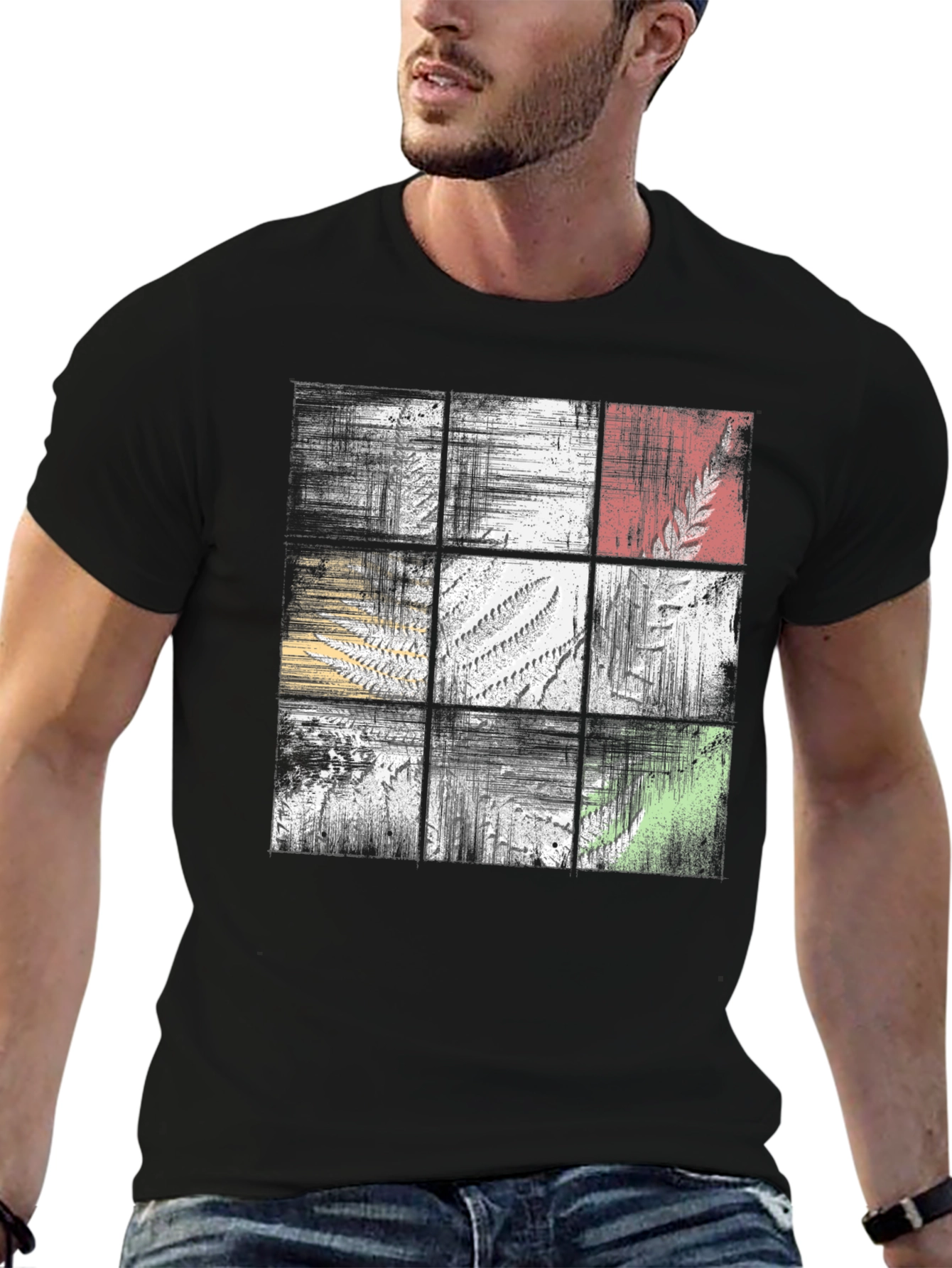Abstract Botanical Grid Graphic Tee - Black Casual Shirt