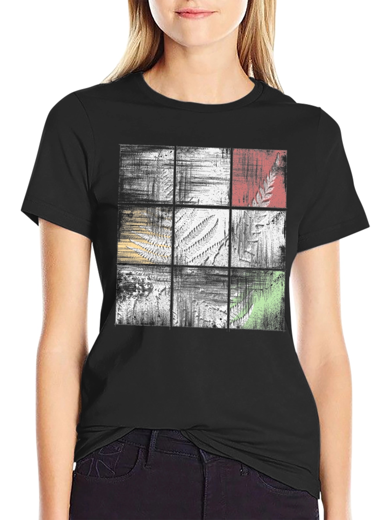 Abstract Botanical Grid Graphic Tee - Black Casual Shirt