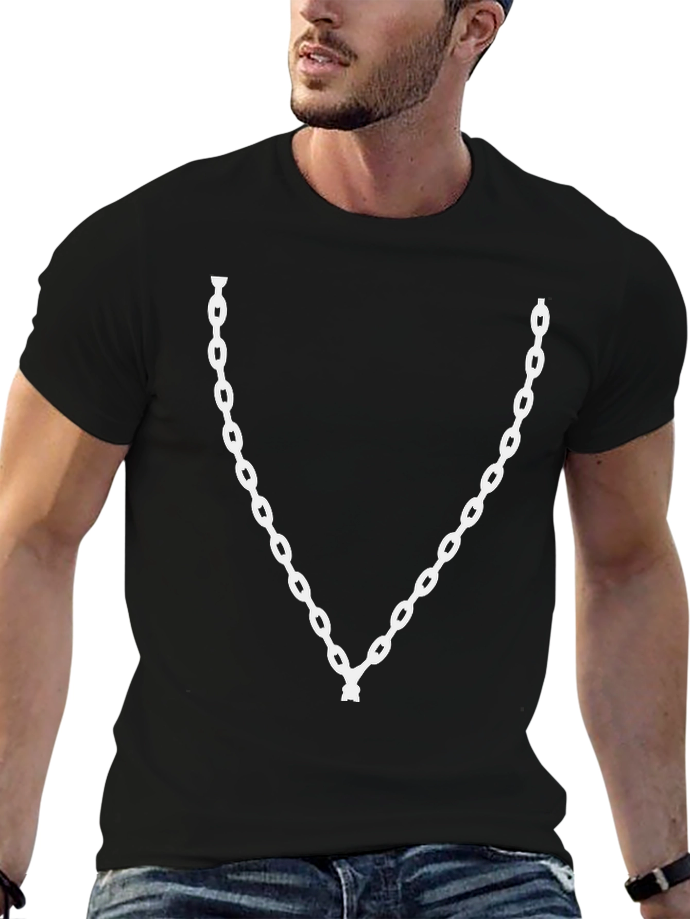 Mens Black T-Shirt with Chain Print