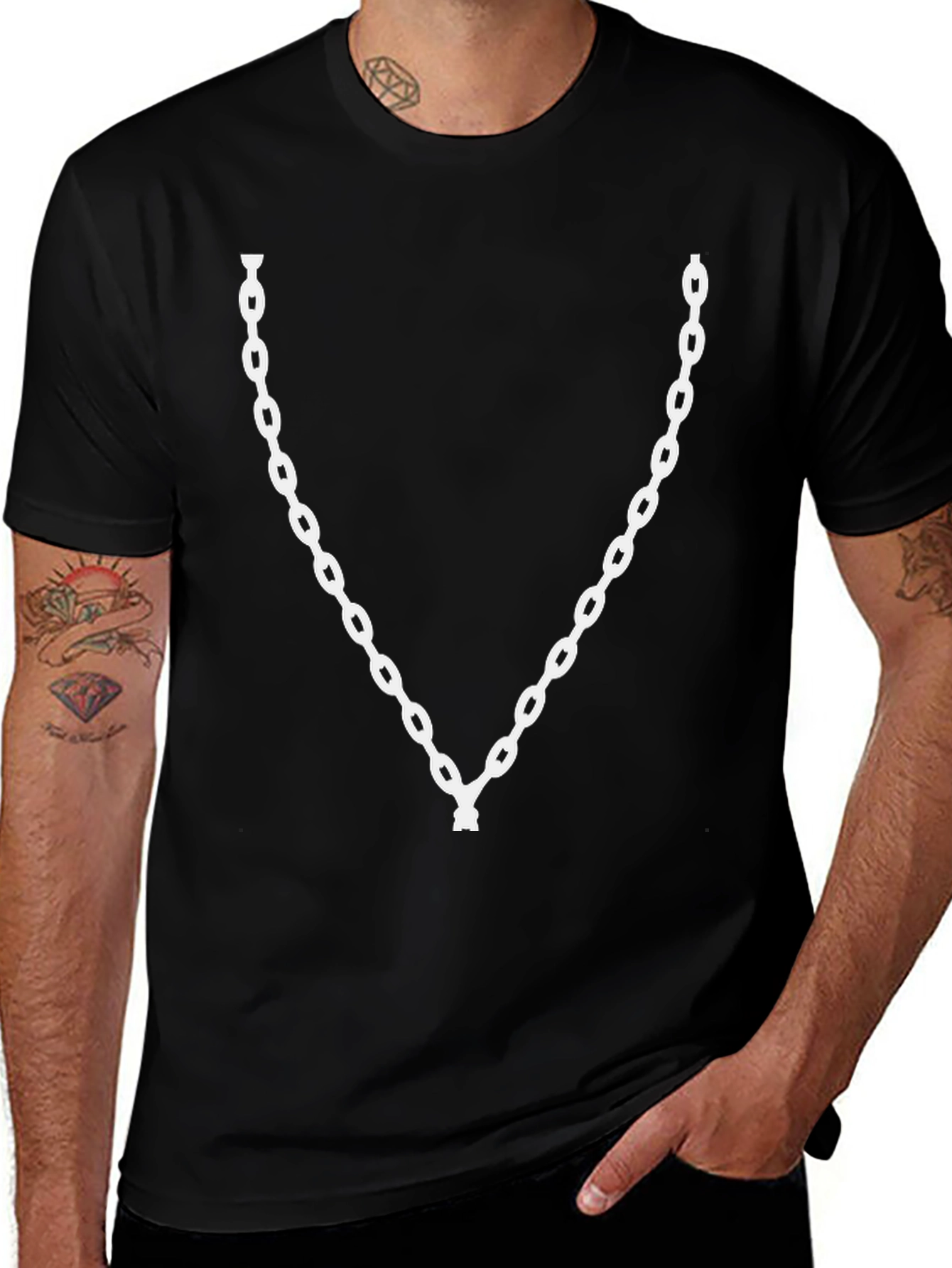 Mens Black T-Shirt with Chain Print
