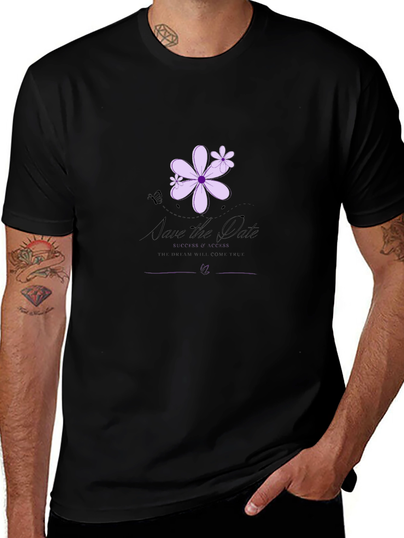 Elegant Black T-Shirt with Floral Save-the-Date Design