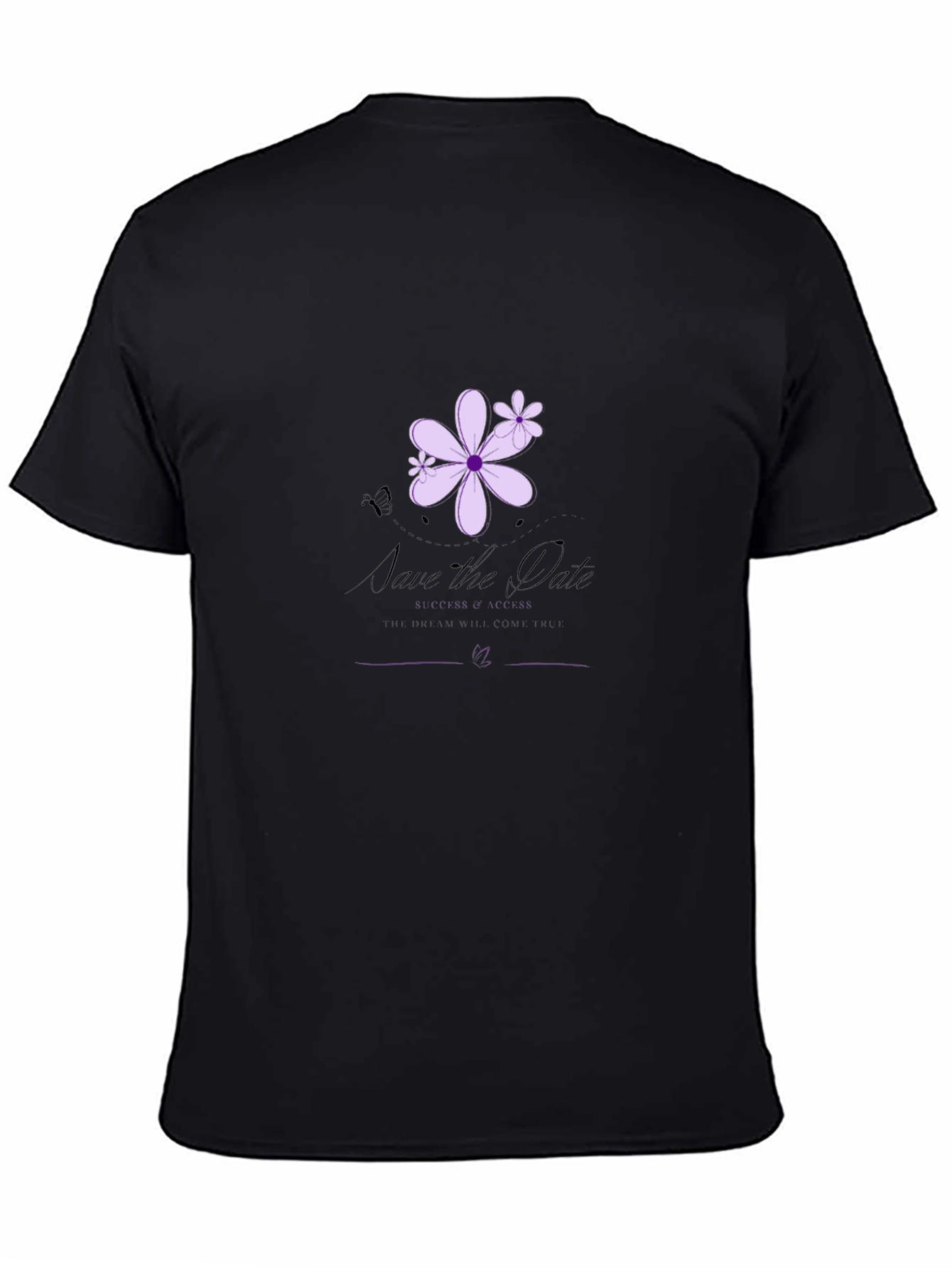 Elegant Black T-Shirt with Floral Save-the-Date Design