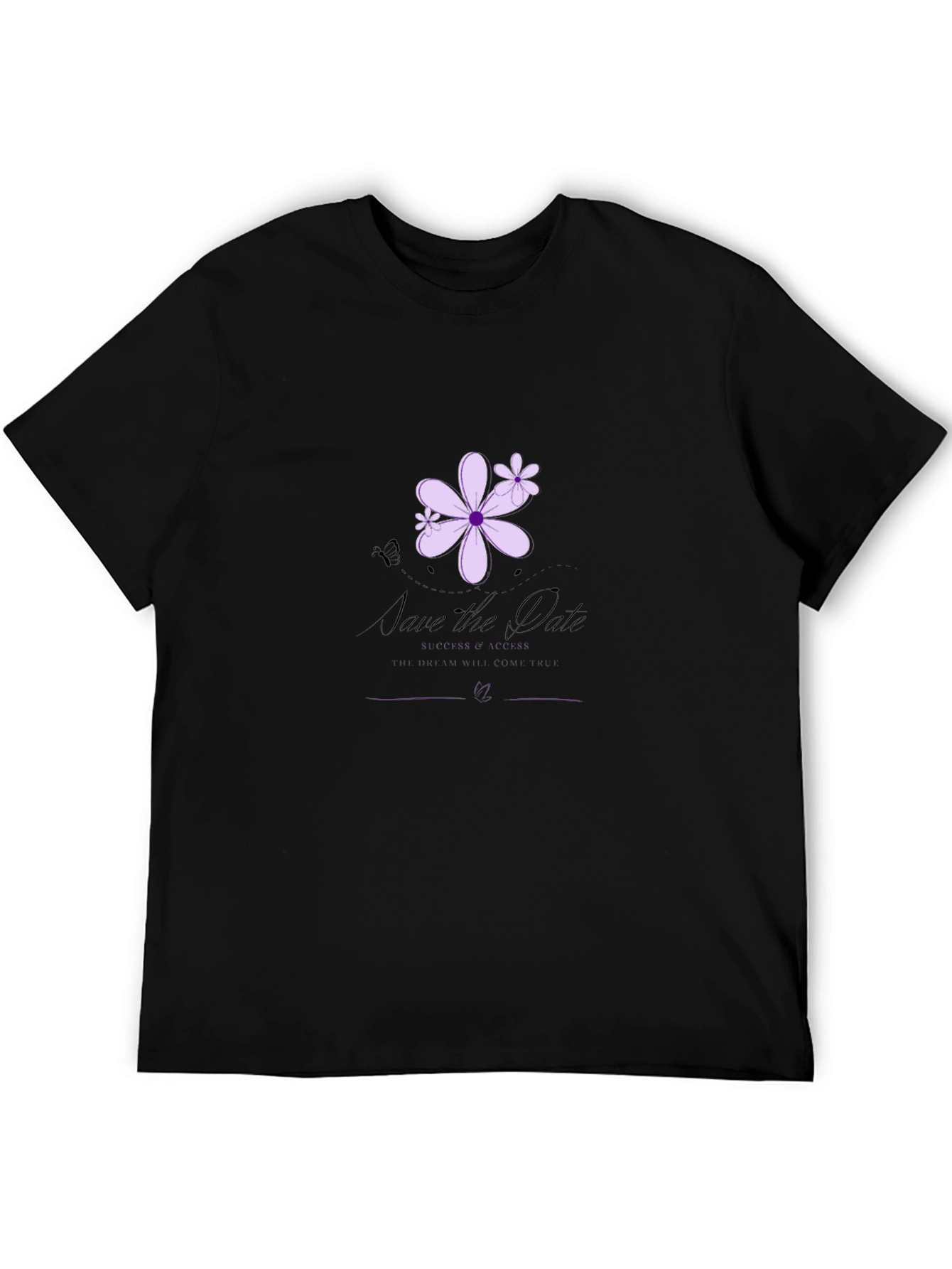Elegant Black T-Shirt with Floral Save-the-Date Design