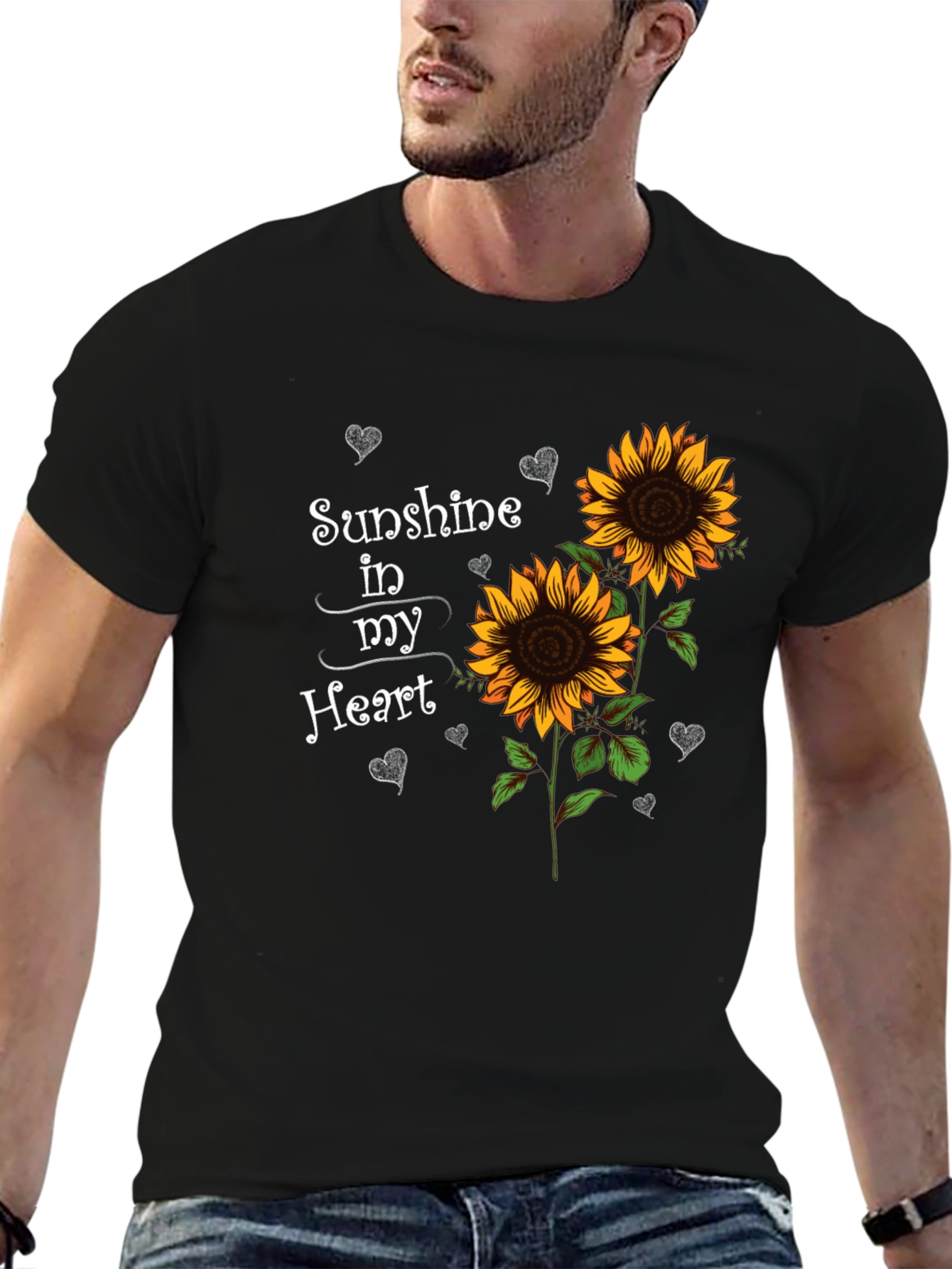 Sunflower Sunshine Heart Black T-Shirt