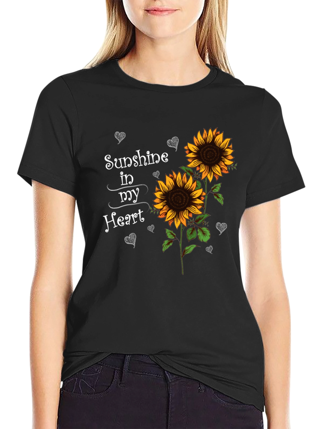 Sunflower Sunshine Heart Black T-Shirt
