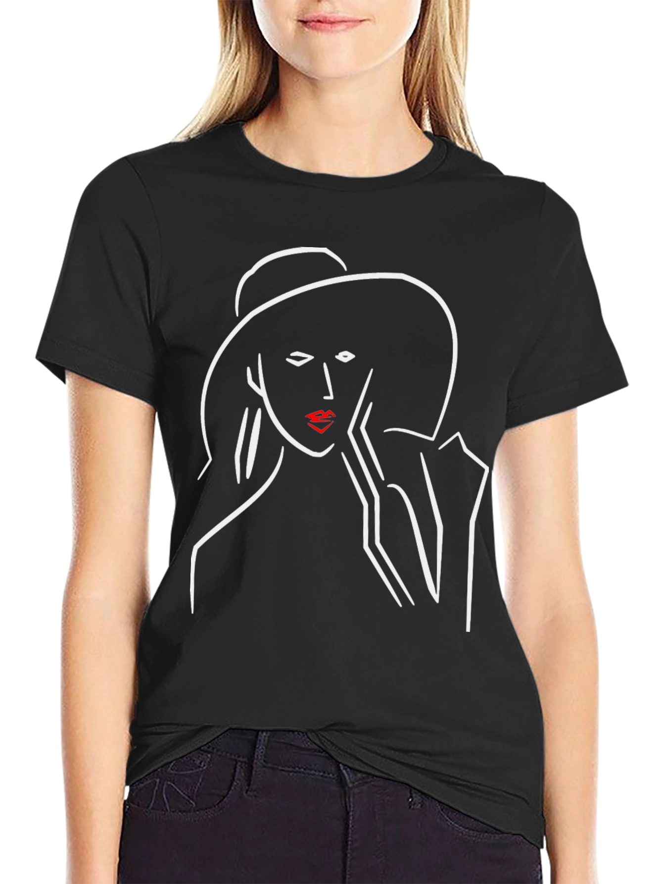 Chic Minimalist Woman Line Art Black T-Shirt