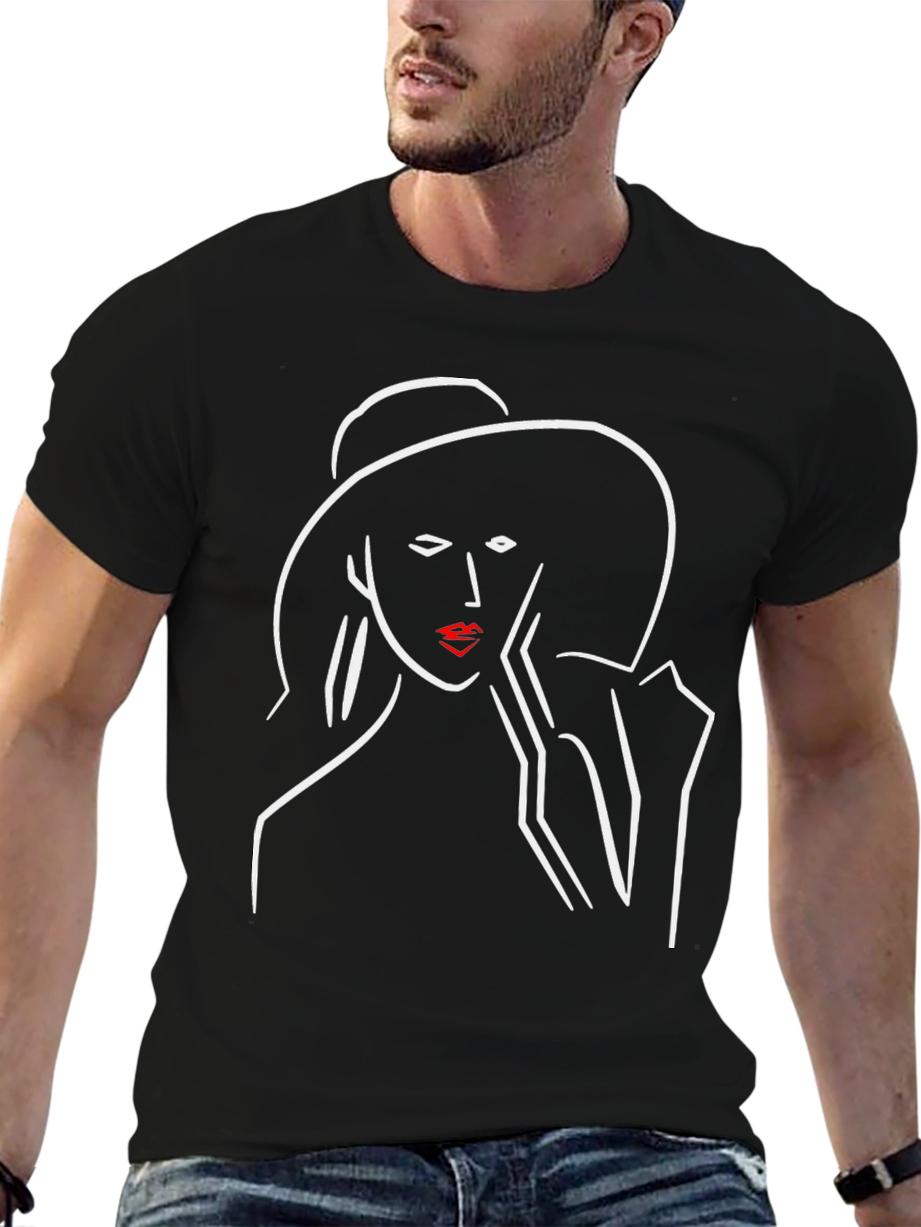 Chic Minimalist Woman Line Art Black T-Shirt