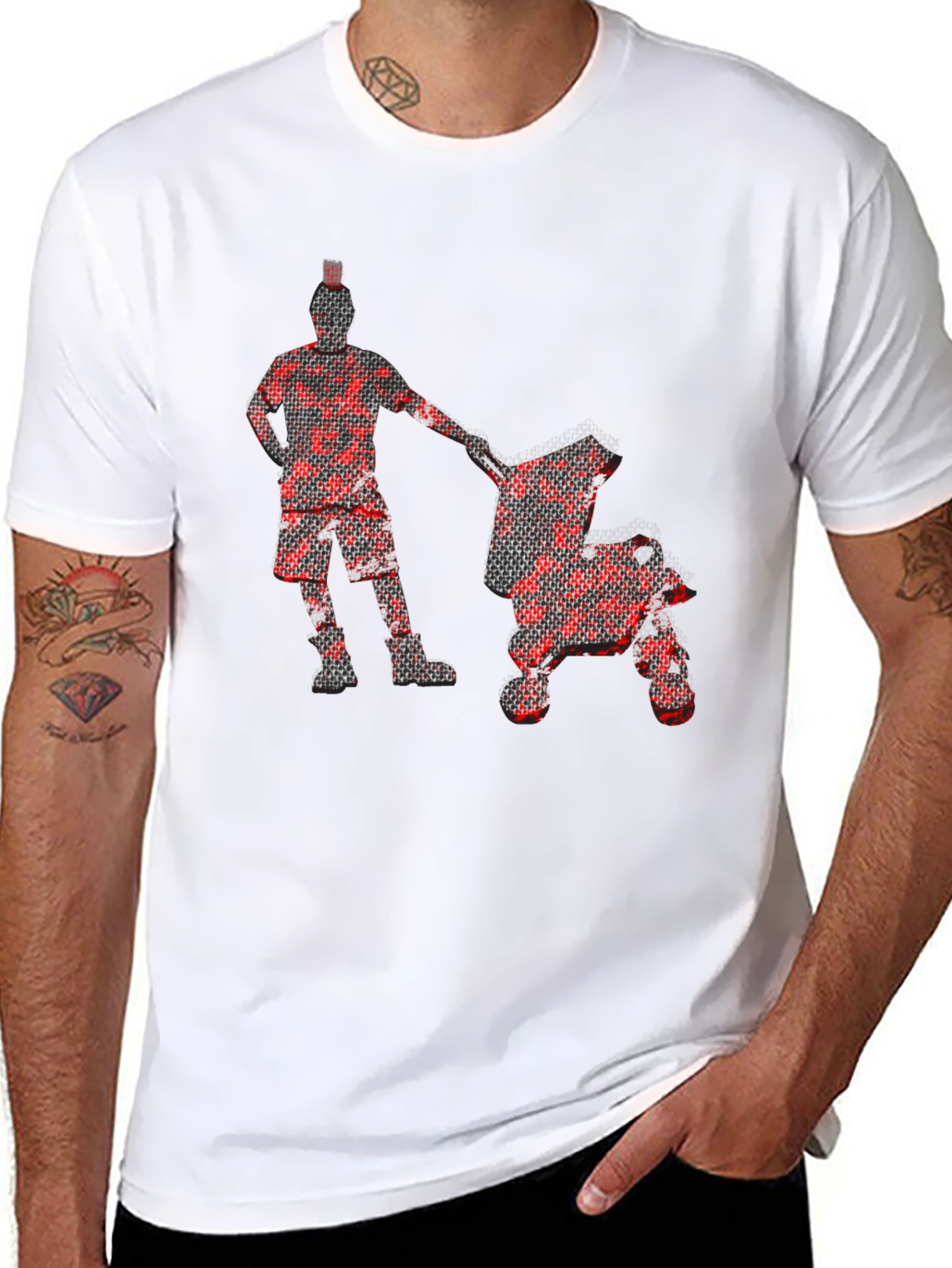 Red Pixel Man & Stroller Graphic Black T-Shirt