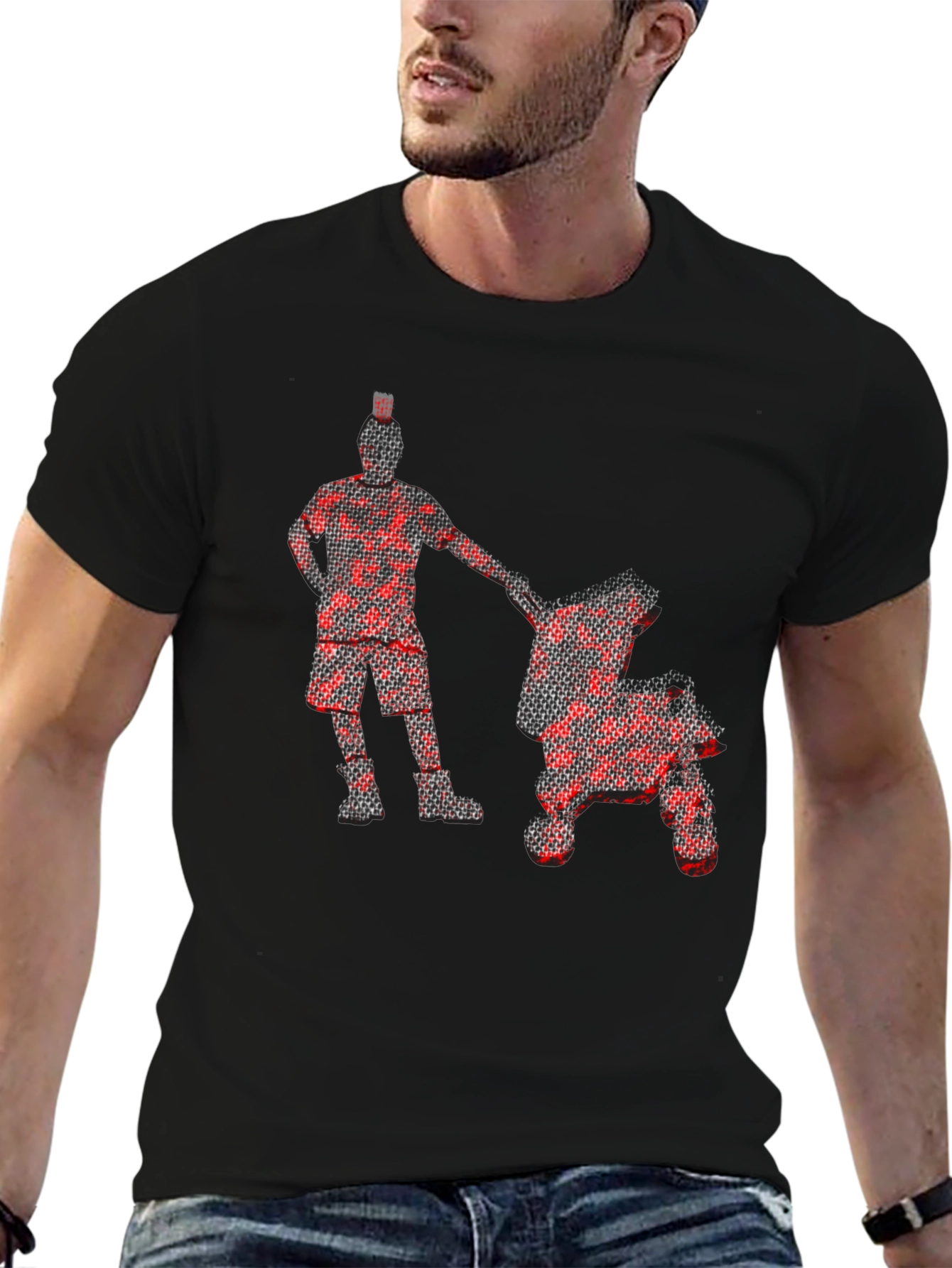 Red Pixel Man & Stroller Graphic Black T-Shirt