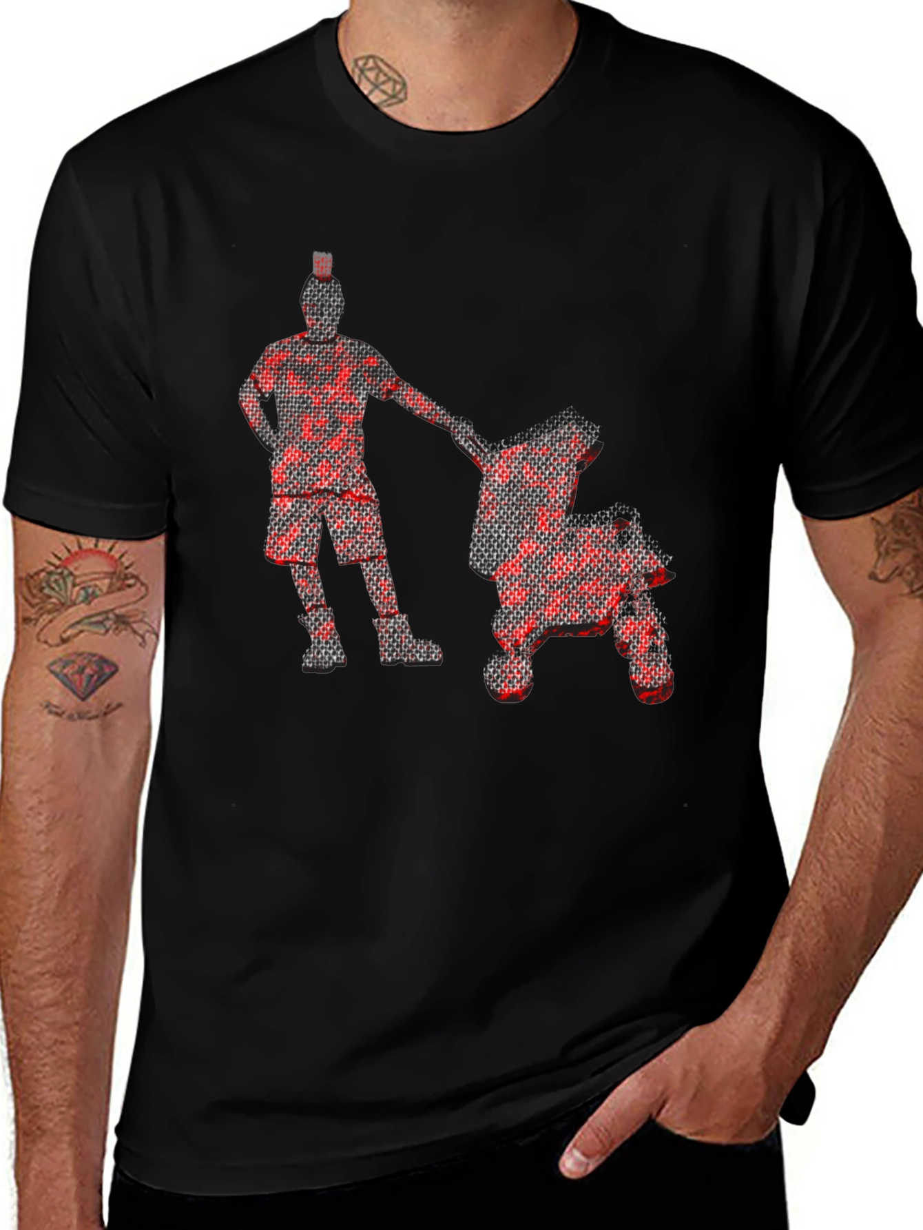 Red Pixel Man & Stroller Graphic Black T-Shirt