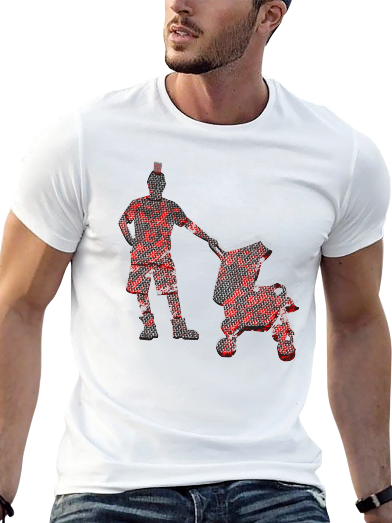 Red Pixel Man & Stroller Graphic Black T-Shirt