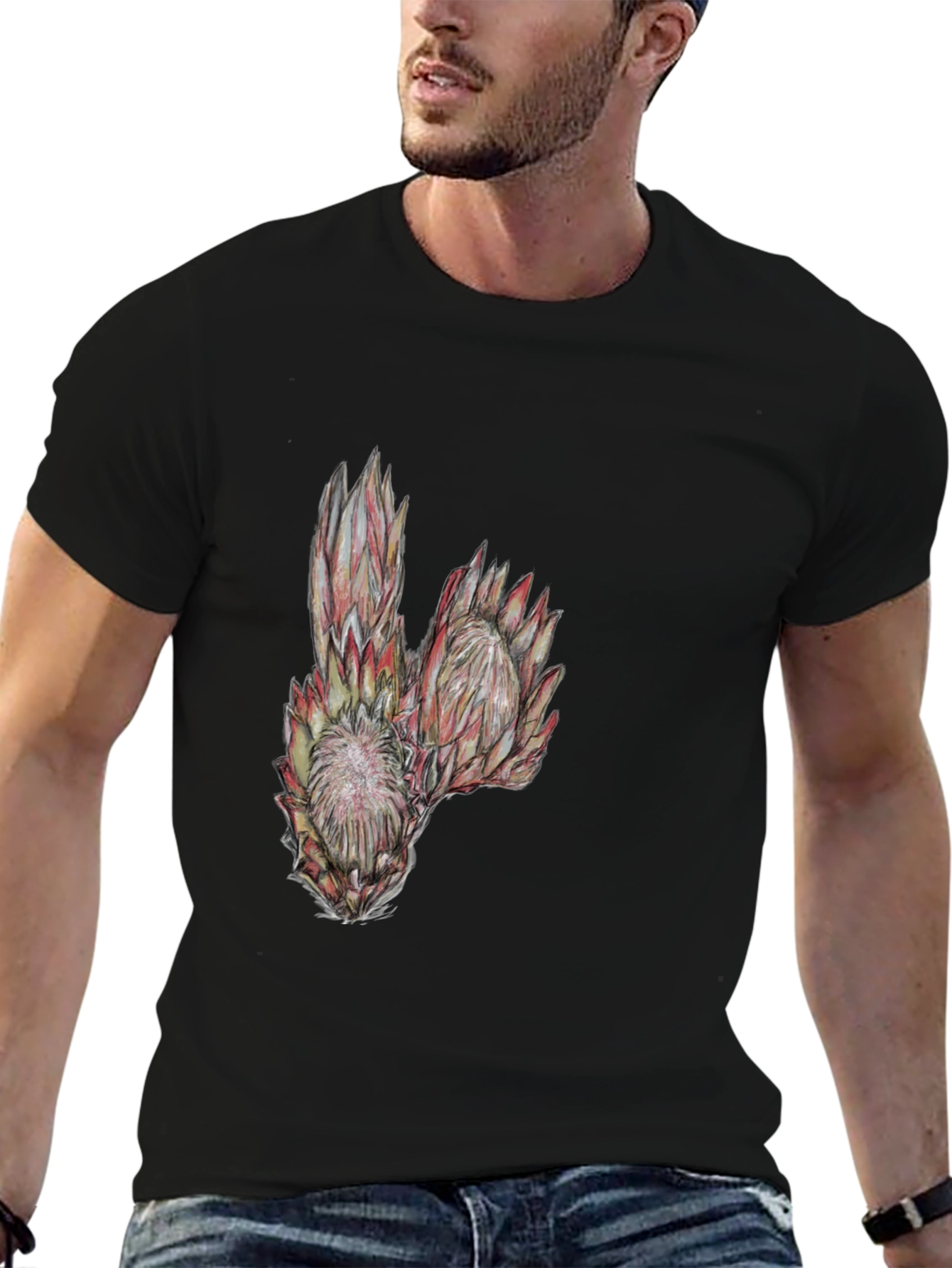 Protea Flower Graphic Tee - Black Cotton T-Shirt