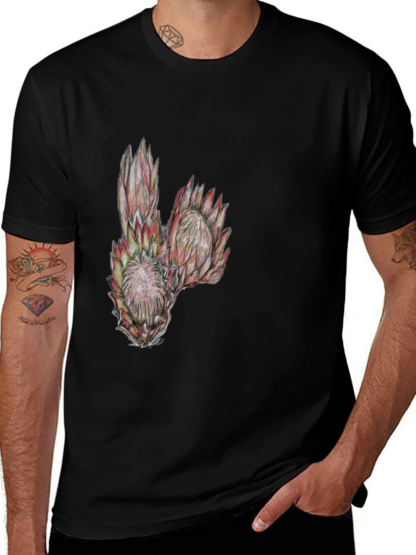 Protea Flower Graphic Tee - Black Cotton T-Shirt