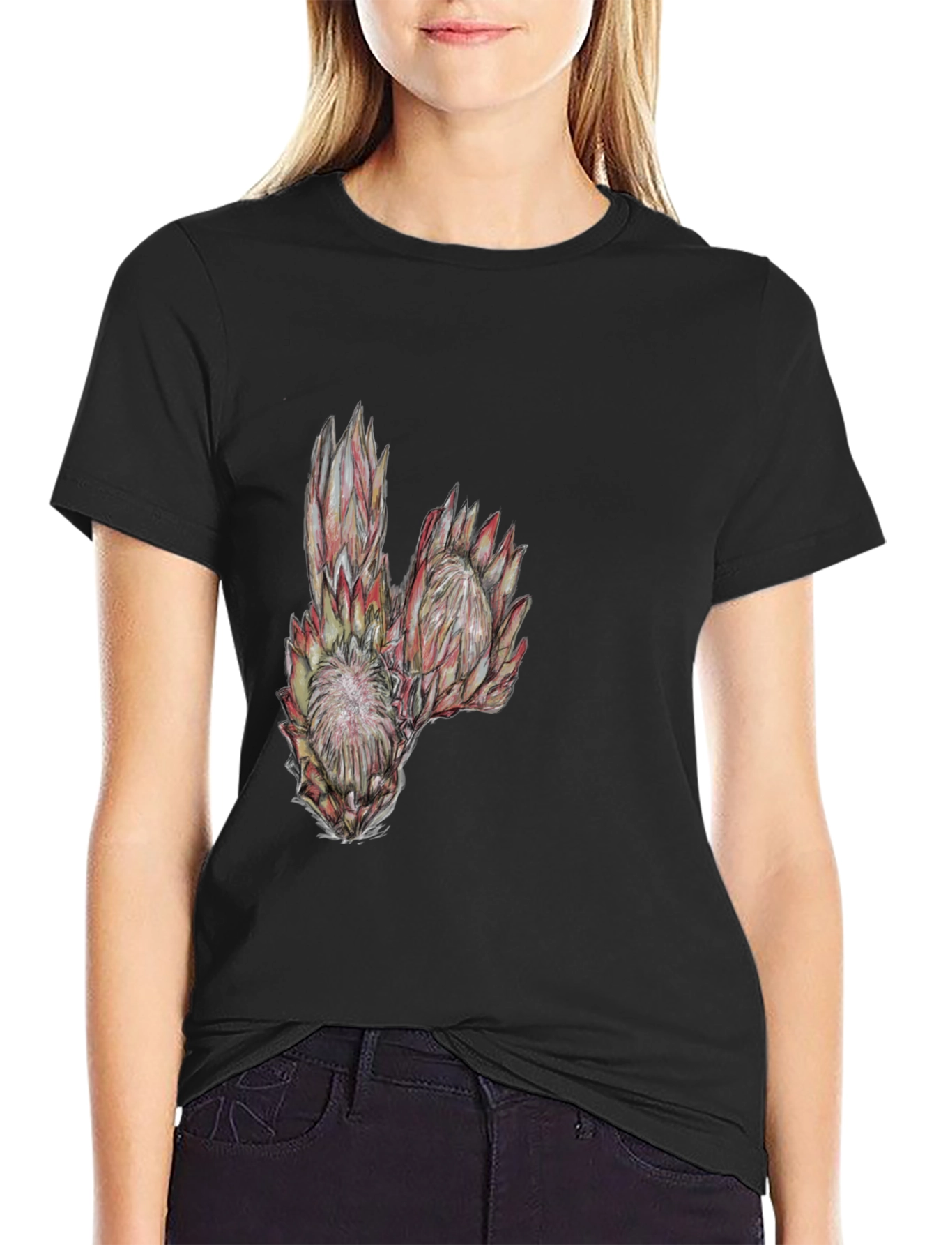 Protea Flower Graphic Tee - Black Cotton T-Shirt
